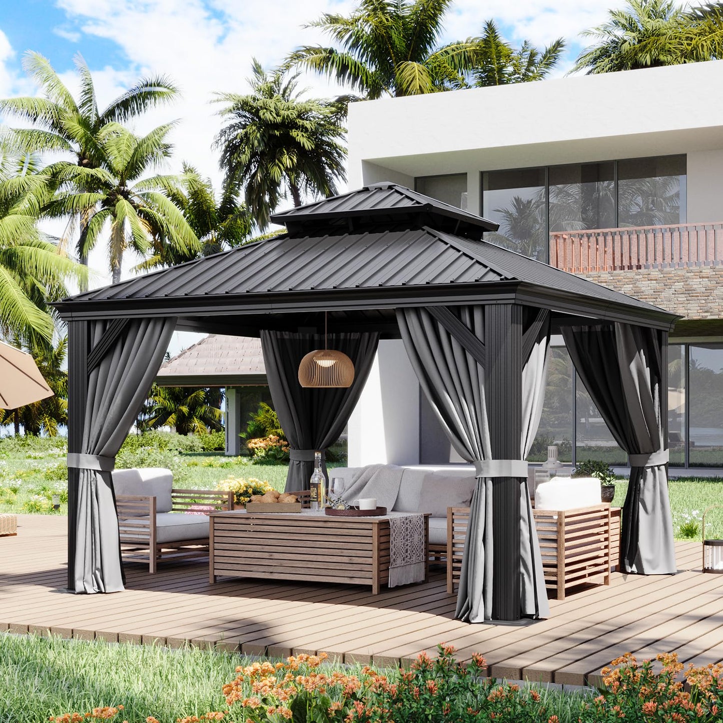 Aoxun 12' X 12' Hardtop Gazebo with Drainage System, Aluminum Outdoor Gazebo with Galvanized Steel Double Roof, Patio Permanent Metal Pavilion with Netting, for Garden, Deck, Backyard, Grey