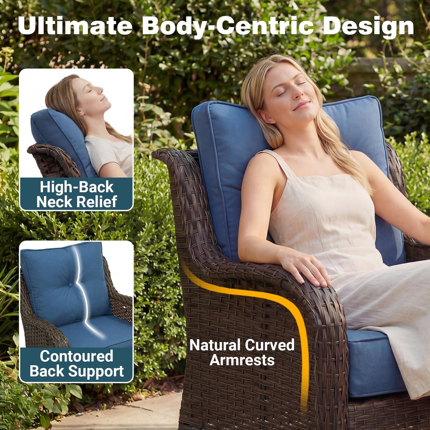 SAILARY Patio Furniture Set, 5PCS Outdoor Wicker Conversation Set with 6" Thick Cushions, High Back Swivel Rocker Chairs, Weather Resistant Olefin Fabric for Garden, Poolside, Navy Blue
