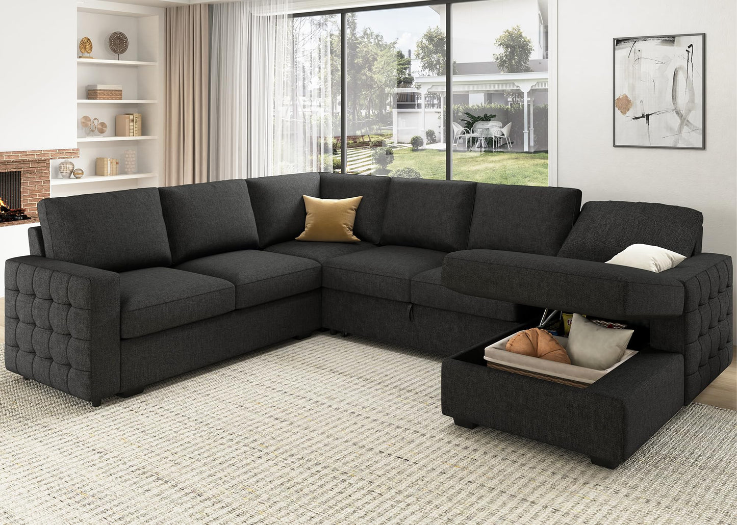 HONBAY Sectional Couch with Pull Out Bed, Sectional Sleeper Sofa with Storage, U Shape Couches for Living Room, Dark Grey