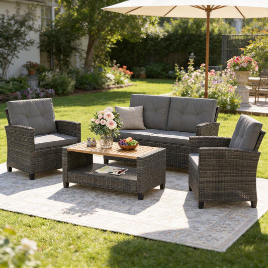 Wisteria Lane 4 Piece Patio Furniture Set, Wicker Outdoor Patio Conversation Furniture Set, All Weather Outdoor Patio Sofa with Cushion and Wood Table, Grey Wood