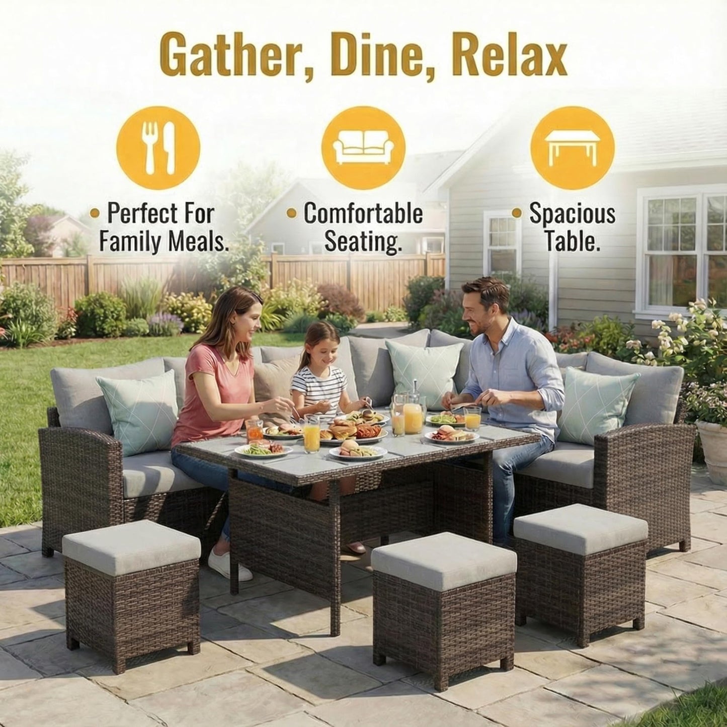 Wisteria Lane 7 Piece Patio Furniture Set, Wicker Patio Sectional with Wide Armrest, All Weather Outdoor Dining Set, Outdoor Furniture Patio Conversation Set with Ottoman, Grey