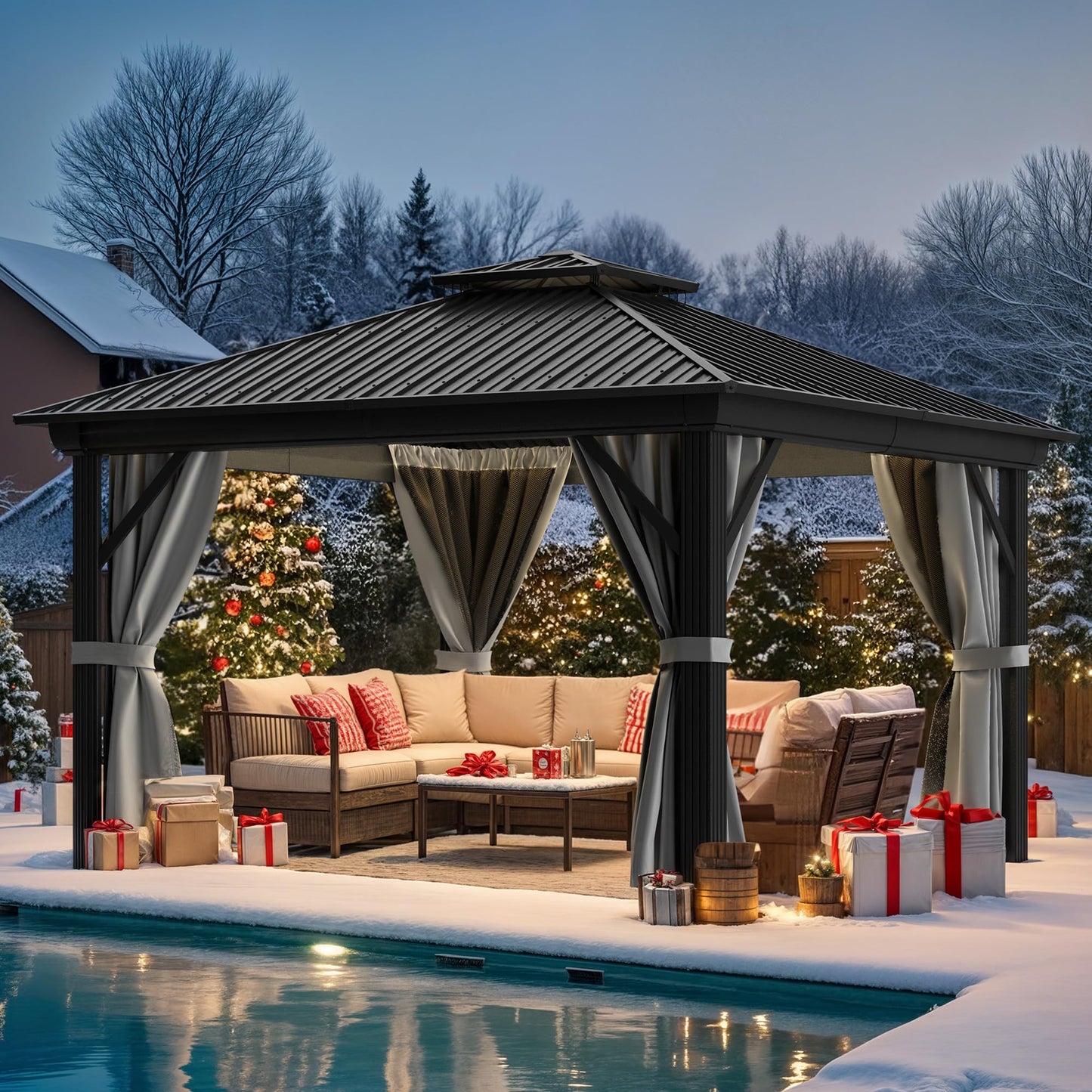 YITAHOME 12x12ft Hardtop Gazebo with Nettings and Curtains, Heavy Duty Double Roof Galvanized Steel Outdoor Combined of Vertical Stripes Roof for Patio, Backyard, Deck, Lawns, Gray
