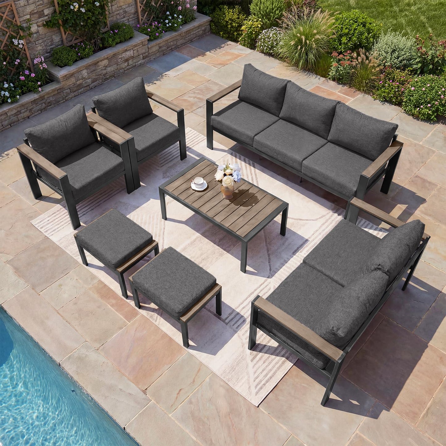 SAILARY Outdoor Patio Furniture Set 7 Pieces Luxury Aluminum Patio Conversation Set with Coffee Table and 2 Ottoman 9 Seats, Thick Cushions, Large Sectional Sofa for Porch, Balcony, Deck, Dark Gray