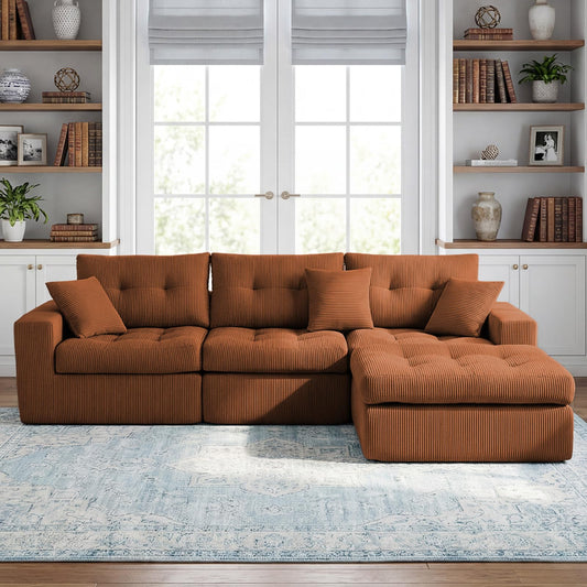 113-Inch L-Shaped Modular Corner Cloud Sofa Corduroy Tufted Foam Sectional with Deep Seat, 4 Pieces Compressed Boneless Sofa Couch with Movable Ottoman & 4 Toss Pillows