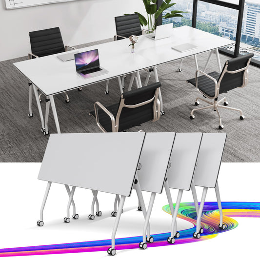 Conference Table with Wheels, Folding Conference Table with Knob & 4 Brake Casters, Modular Flip Top Mobile Conference Room Table for Office, Meeting, Training Room, Class (4, White, 55.1in)