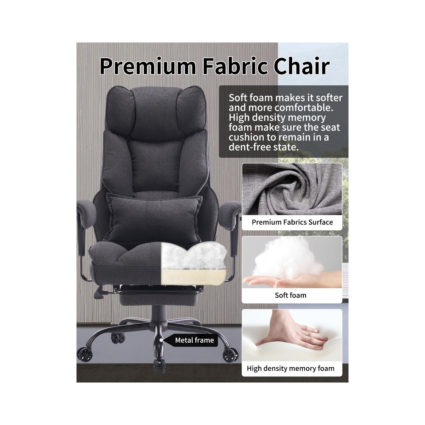Efomao Fabric Office Chair, Big and Tall Office Chair 400 lb Weight Capacity, High Back Executive Office Chair with Foot Rest, Ergonomic Office Chair for Back Pain Relief, Dark Grey