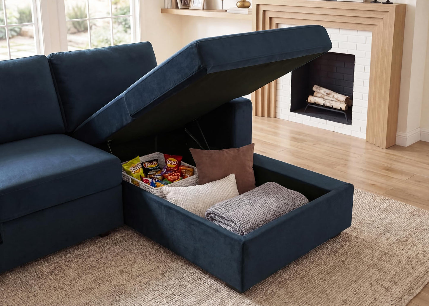 HONBAY Sectional Sleeper Sofa with Pull Out Bed U-Shape Sectional Couch Sleeper Bed with Storage Chaise Lounge Living Room 6 Seater Sectional Sofa,Velvet Dark Blue