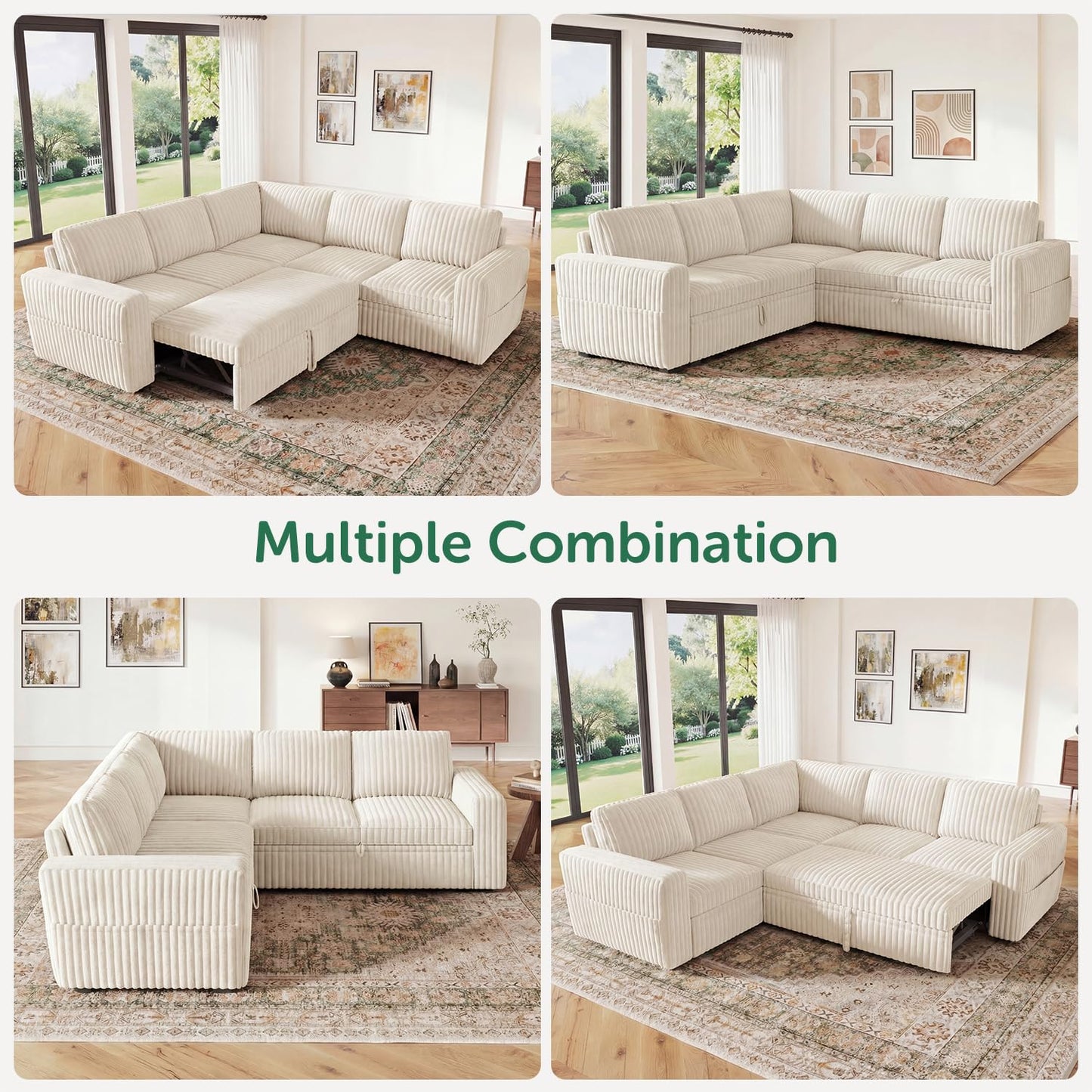 HONBAY Modular Sectional Sleeper Sofa with Pull Out Bed,Corduroy L Shaped Couch with Storage, Sectional Couches for Living Room,Beige