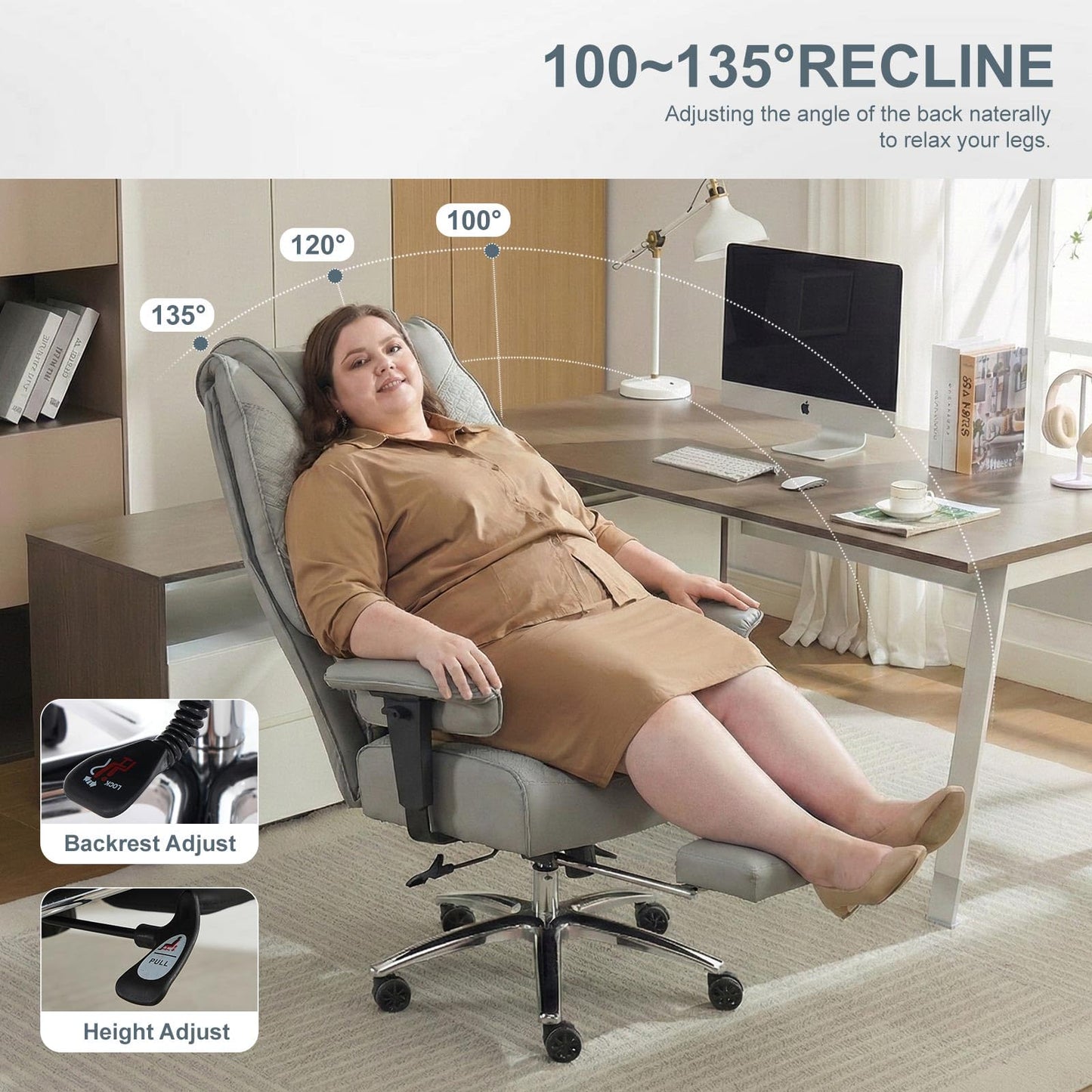 EXCEBET Big and Tall Office Chair 400lbs Wide Seat, Leather High Back Executive Office Chair with Foot Rest, Ergonomic Chairs Lumbar Support for Lower Back Pain Relief (Light Grey)