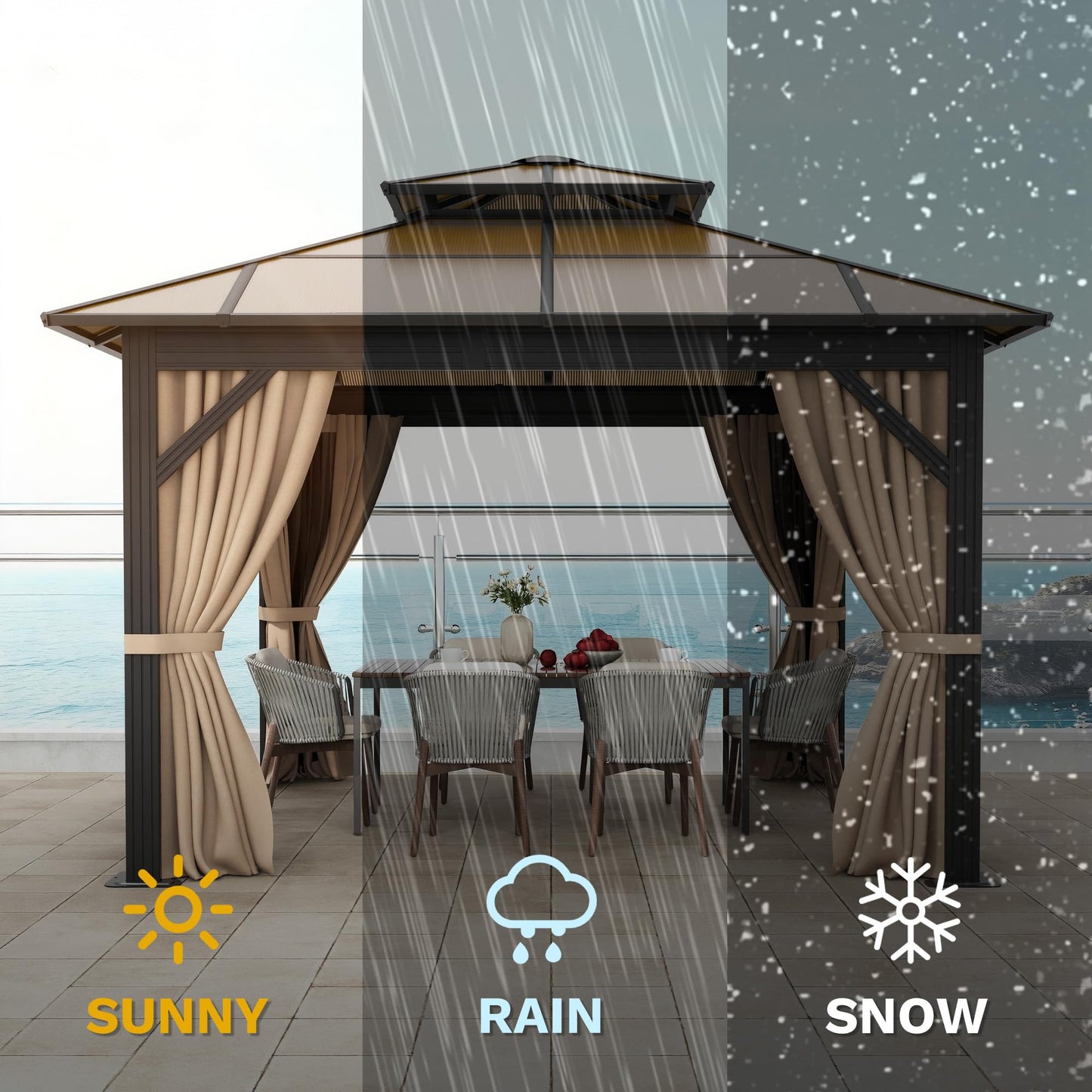 DWVO 10x10ft Gazebo Hardtop Double Roof Polycarbonate Canopy Outdoor with Netting and Shaded Curtains, Metal Frame Garden Tent for Patio, Backyard, Deck and Lawns, Brown
