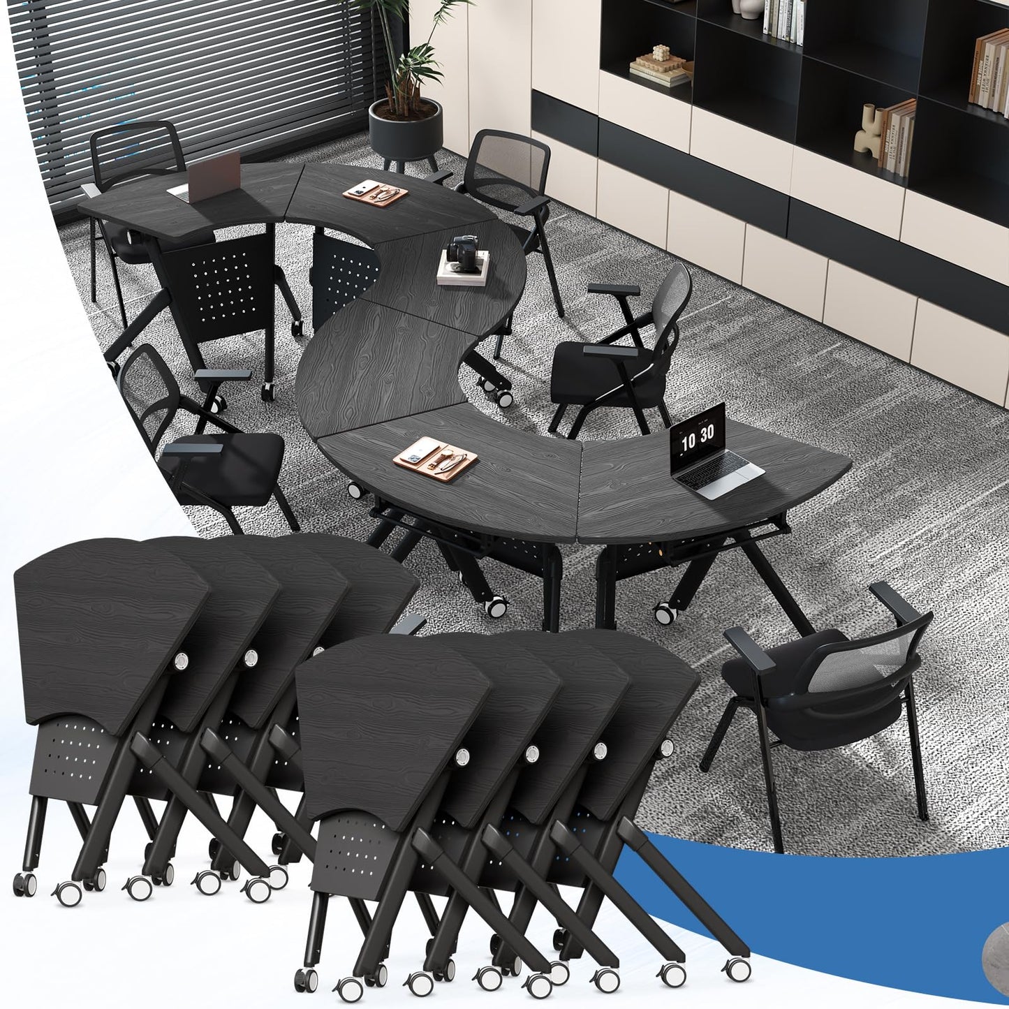 JFazzruit Folding Conference Table,Fan-Shaped Conference Room Tables with Wheels, Mobile Modular Seminar Meeting Desk for Classrooms,Office & Seminar (8, Fan-Black)