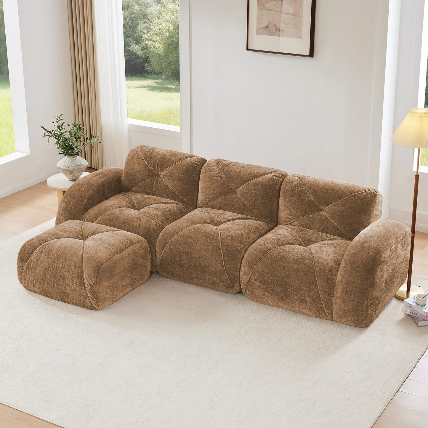 Camel L-Shaped Sectional Couches for Living Room, Velvet Fabric Boneless Couch, No Assembly Cloud Modular Sectional Sofa with 1 Ottoman, Foam Couch Compressed Sofa Set for Apartment, Sofas para Sala