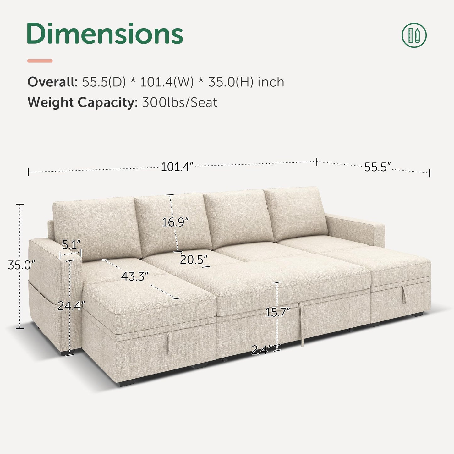 HONBAY Modular Sectional Sleeper Sofa Bed, Sectional Couch with Pull Out Bed U Shaped Modular Couch with Storage Ottoman for Living Room, Beige