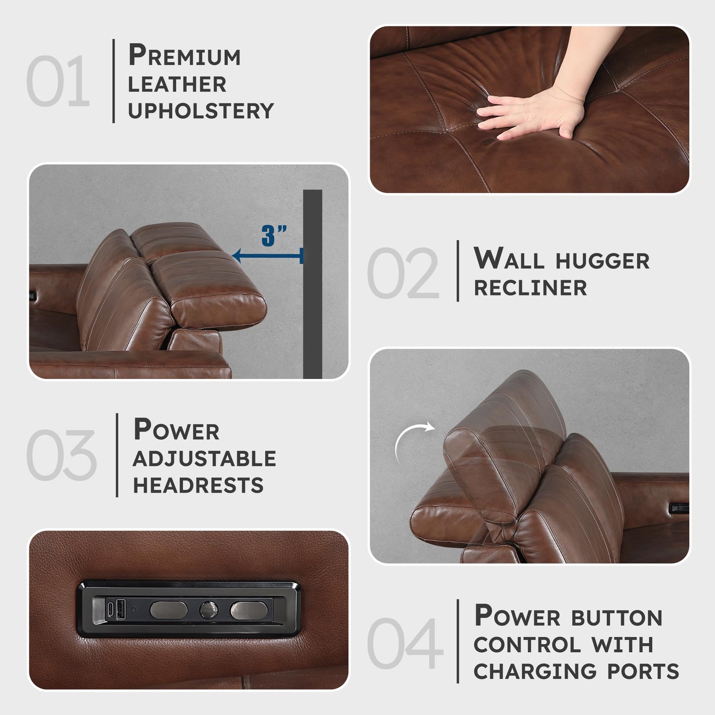 Lexicon Sectional Couches for Living Room-Modular Sectional Sofa, Power Double Reclining Loveseat, Power Headrests, Charging Ports, 2 Seater Recliner Couch, Top Grain Leather Brown