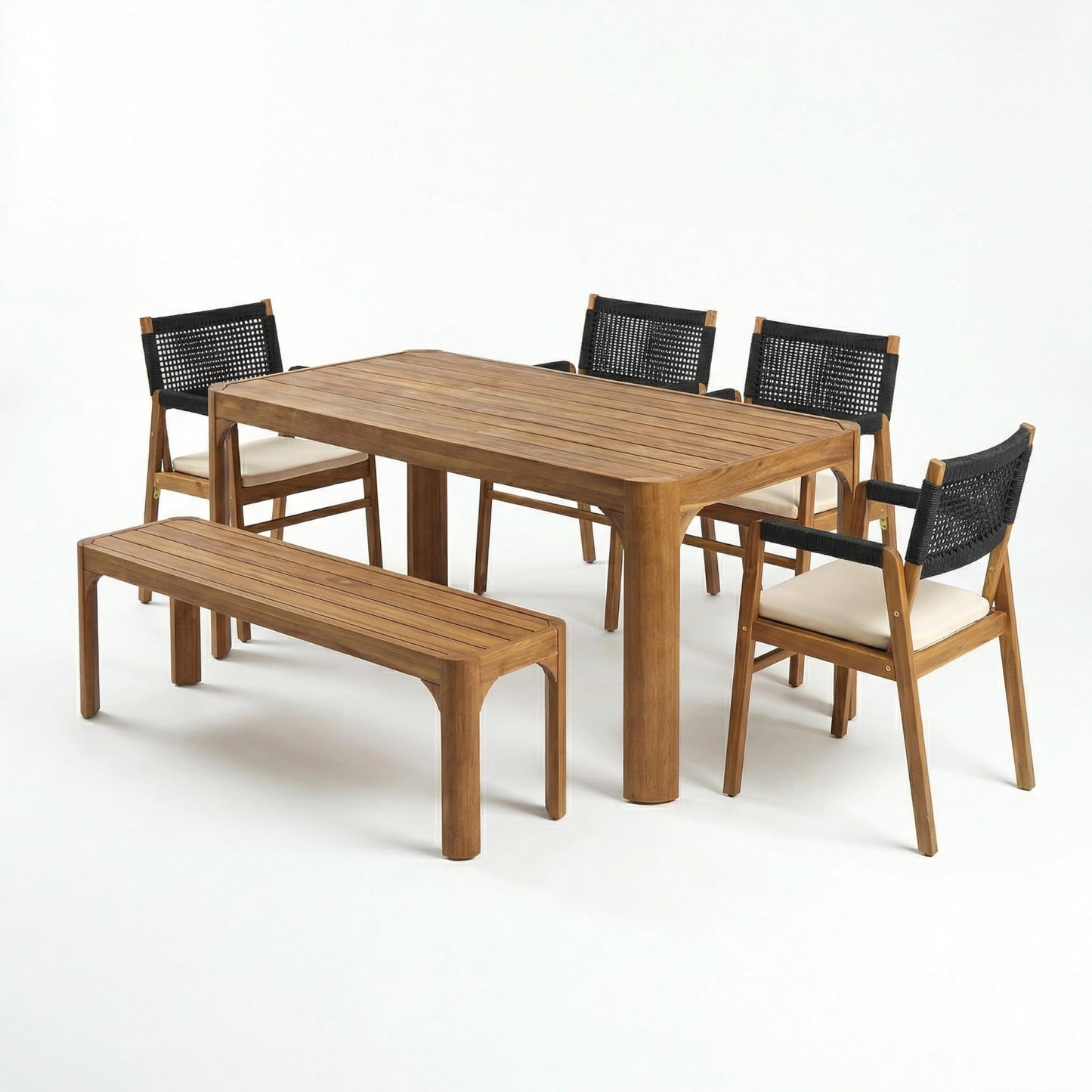 Christopher Knight Home 6-Piece Outdoor Acacia Wood Patio Dining Set, 70" Rectangular Table with 4 Rope Armchairs 1 Bench, Teak Finish Vietnamese Acacia Wood Garden Dining Furniture Set for Patio Deck