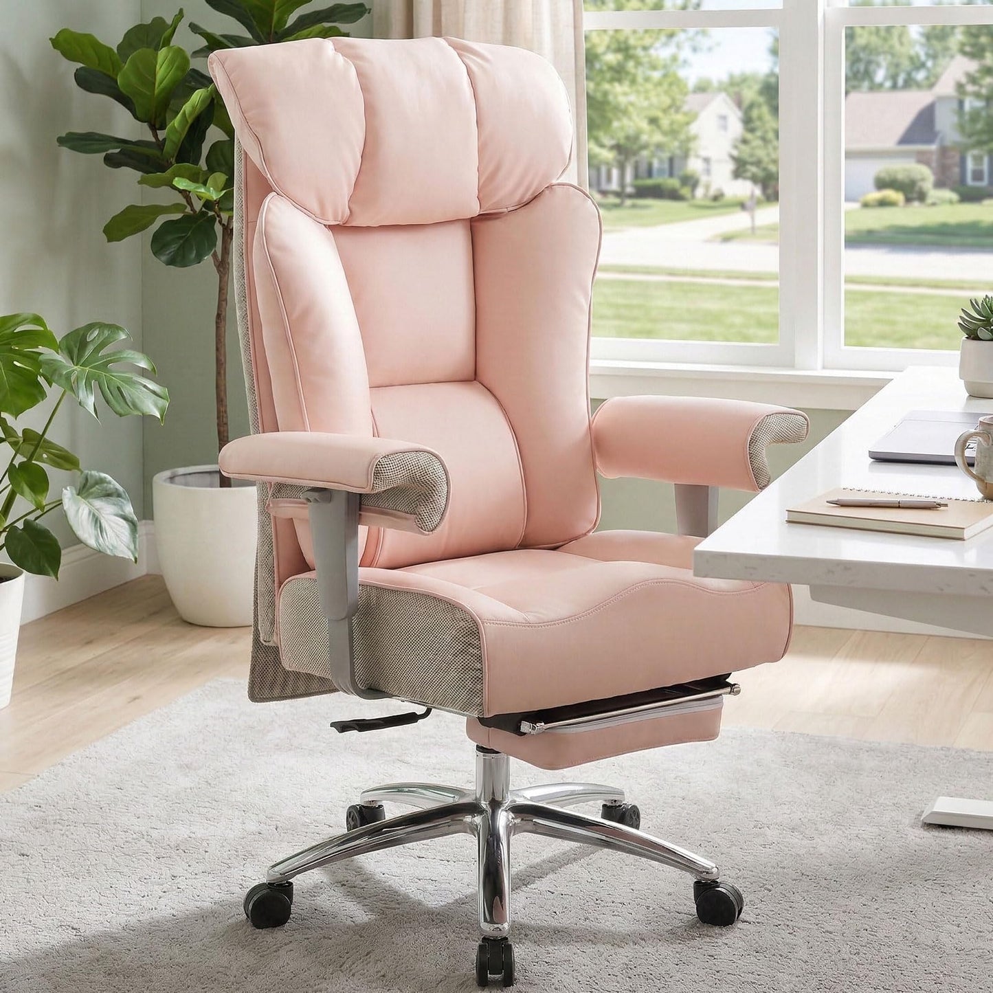 Efomao Big and Tall Office Chair for Women 400lbs - Heavy Duty Executive Desk Chair with Footrest & 23" Wide Seat - High Back Computer Chair for Heavy People, Home Office, Pink