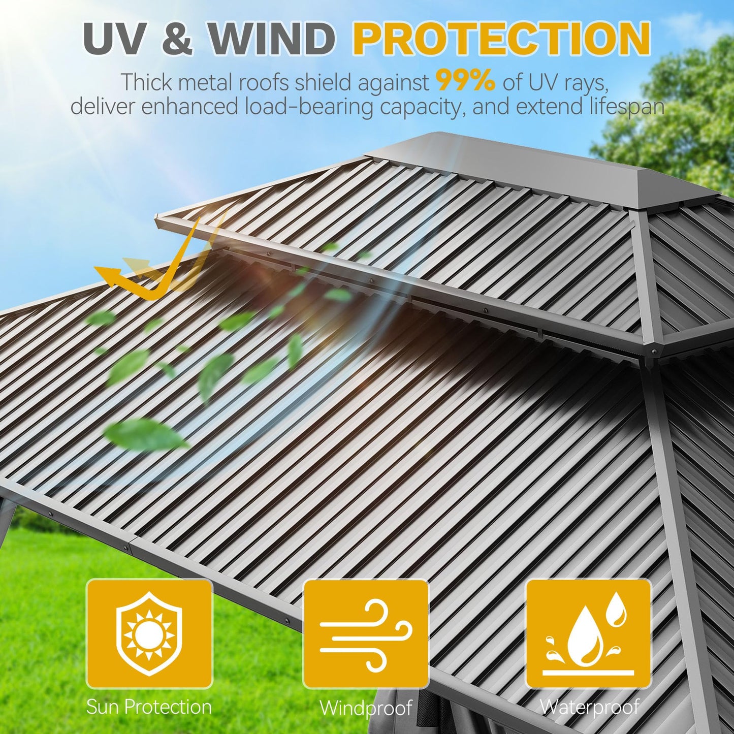 DWVO 12x16ft Hardtop Gazebo Double Roof with Nettings and Curtains, Heavy Duty Galvanized Steel Outdoor Vertical Stripes Roof for Patio, Backyard, Deck, Lawns, Gray