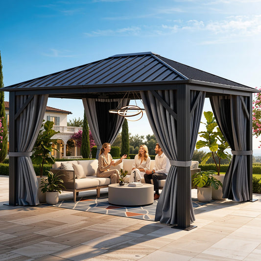 YITAHOME 10'X12' Single Hardtop Gazebo Metal Outdoor Patio Galvanized Iron Aluminum Column Garden Tent Curtains Netting for Backyards Decks Lawns,Gray