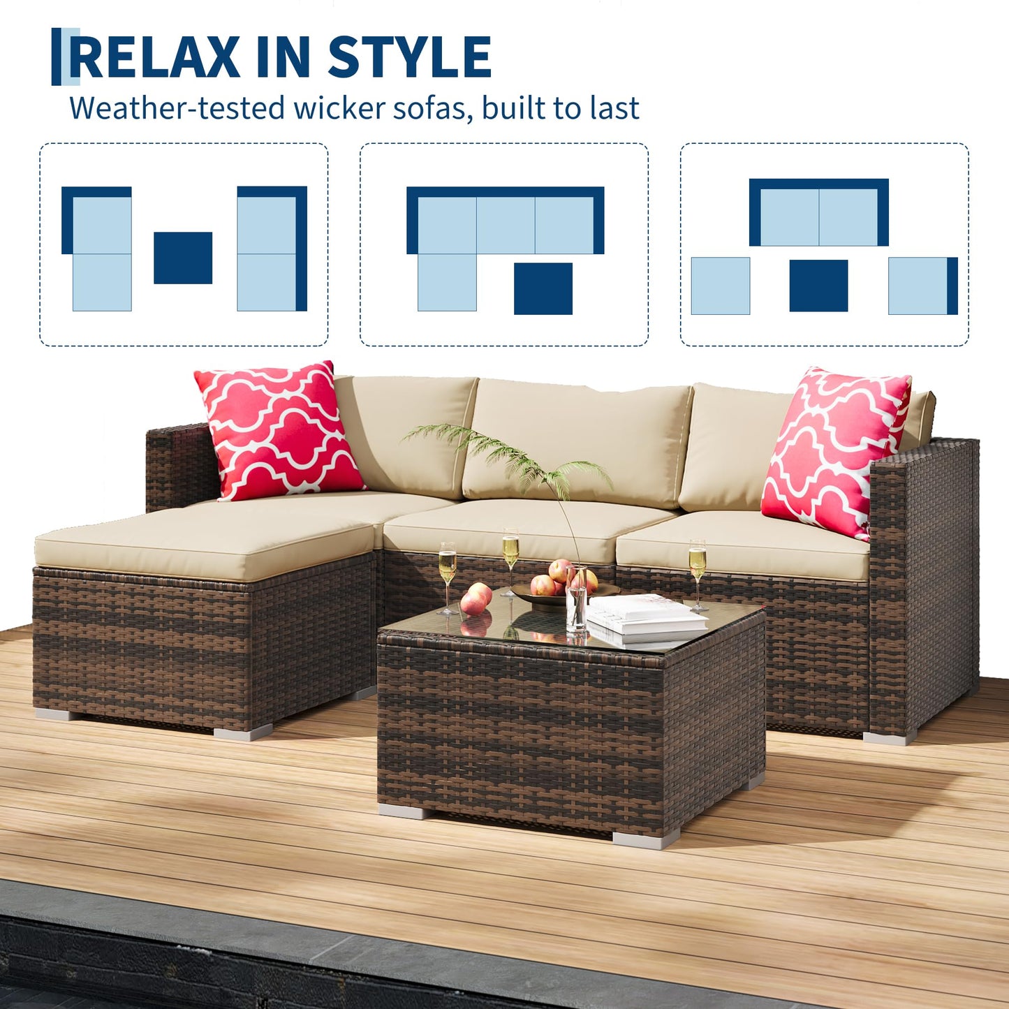 MilleLoom 5-Piece Outdoor Sectional Sofa Set, All-Weather PE Rattan Patio Furniture with Ottoman & Tempered Glass Table, Convertible Garden Couch for Backyard, Porch, Poolside (Brown/Khaki)