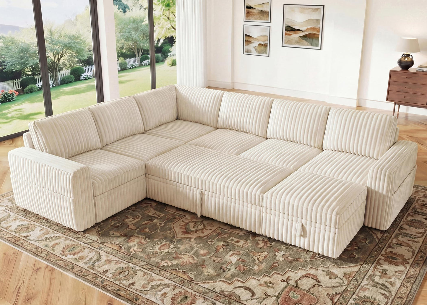 HONBAY Modular Sectional Sleeper Sofa with Pull Out Bed,Corduroy U Shaped Couch with Storage, Sectional Couches for Living Room,Beige
