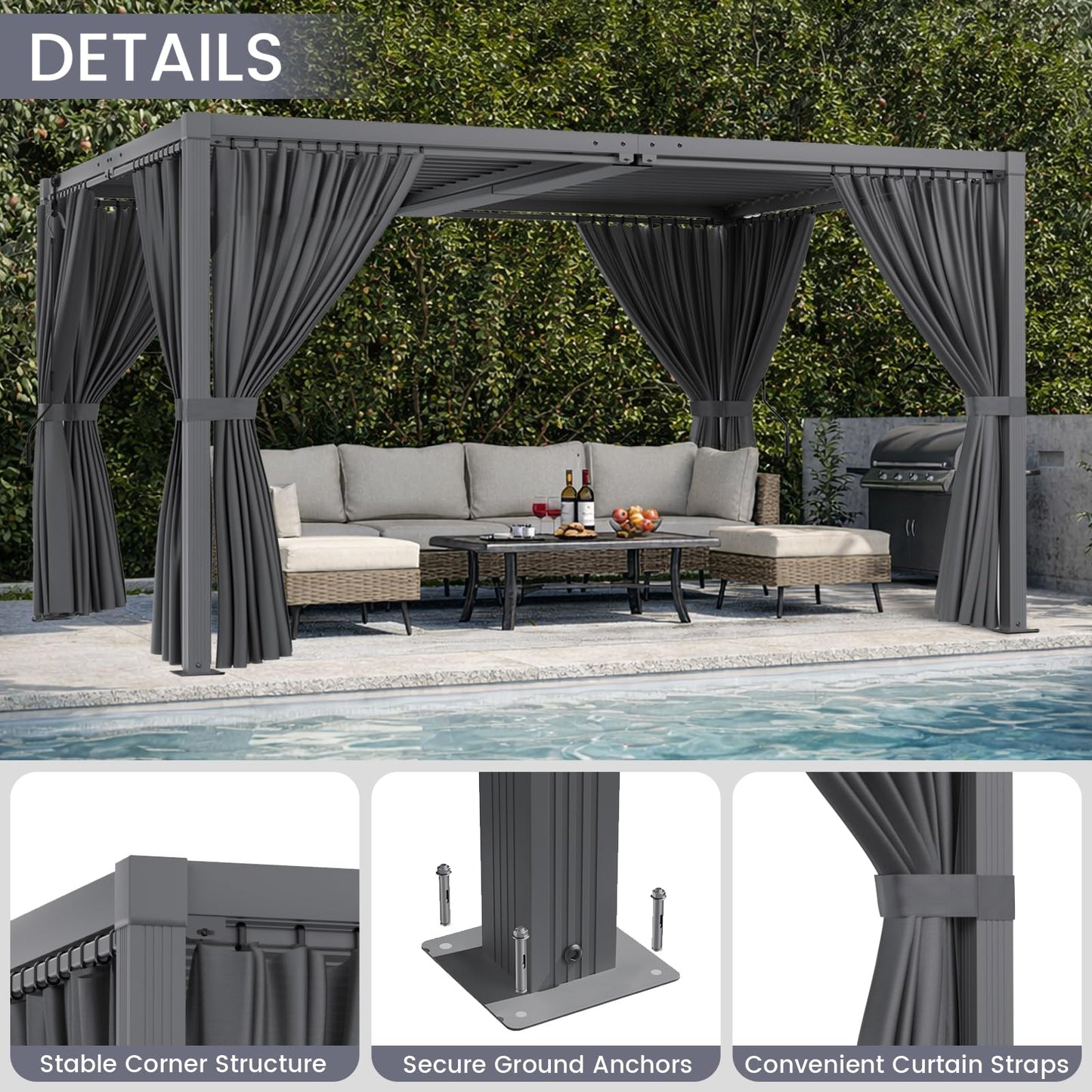 SAILARY Louvered Pergola 12' x 20' with Waterproof Curtains, Large Outdoor Aluminum Pergola with Reinforced Steel Roof, Heavy-Duty Hardtop Gazebo, Privacy Shaded Shelter, Grey