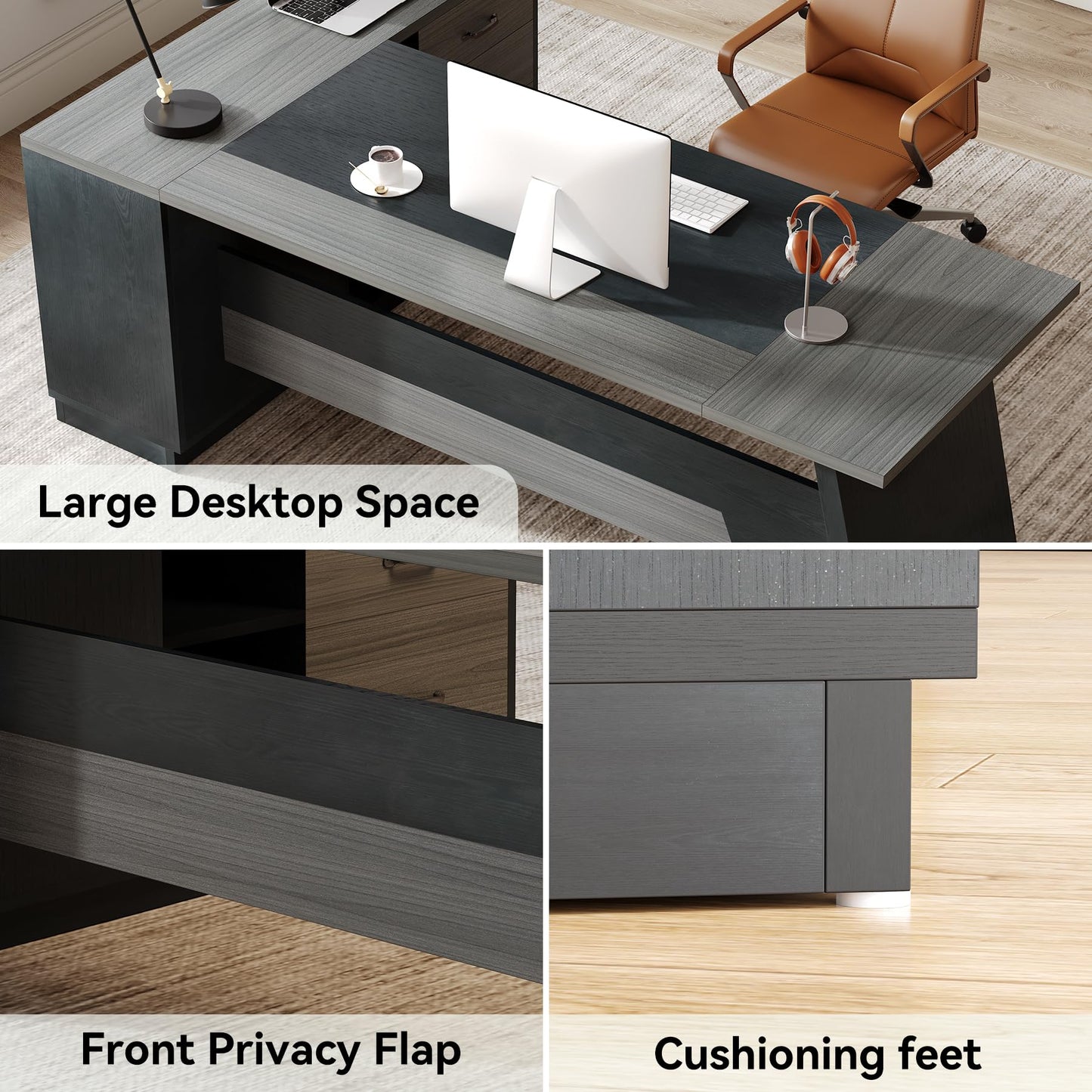 LITTLE TREE 78-Inch Executive Office Desk with File Cabinet, Large Modern Corner Office Desk for Home Office, 3-Drawer Wood File Cabinet, Spacious Workstation for Home Office (Grey & Black)