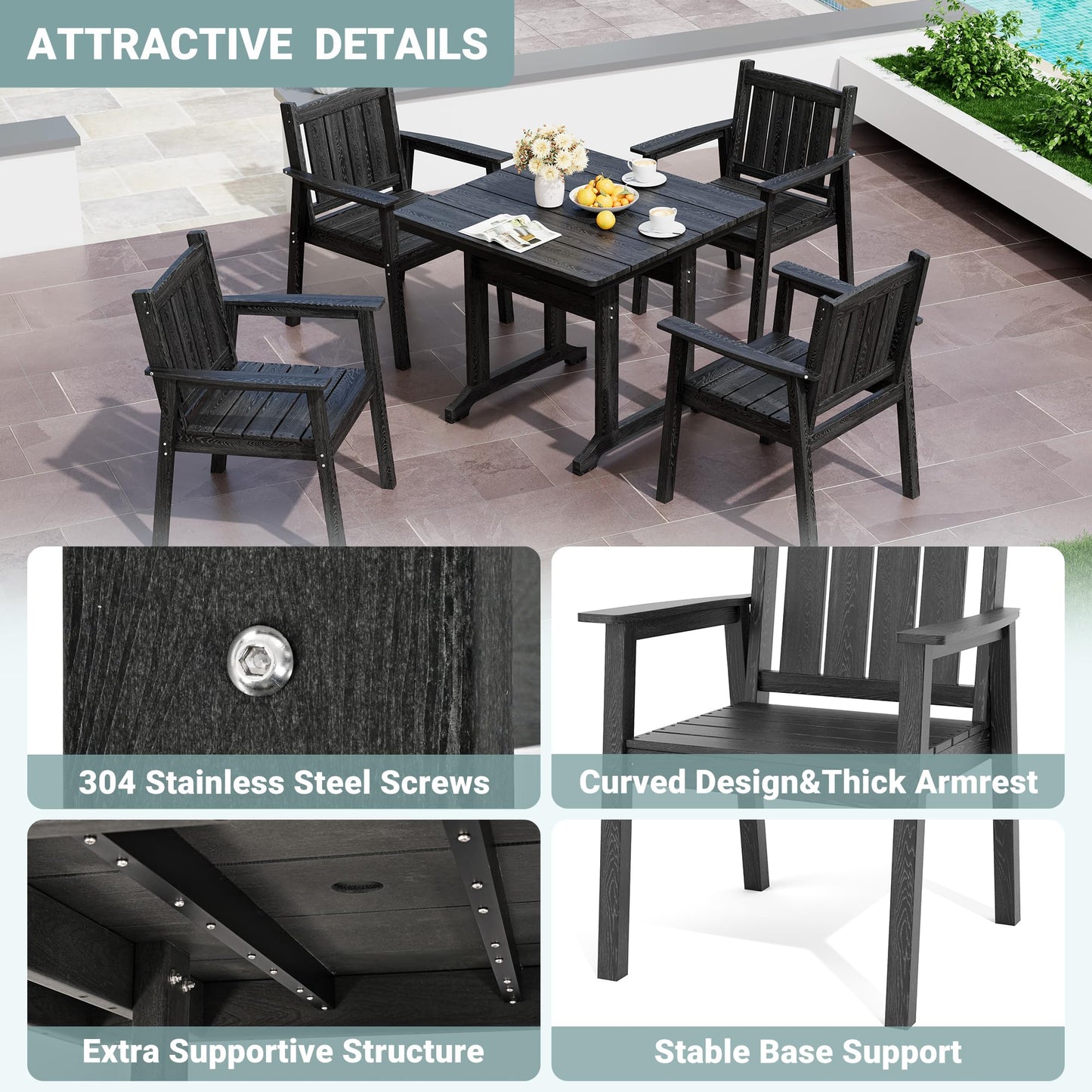 Pamapic 5 PCS Outdoor Dining Set, Spacious HDPE Outdoor Table and Chairs, Wood Grain Patio Furniture Sets with Elegant Armrest, All-Weather Patio Dining Table with Umbrella Hole, Black
