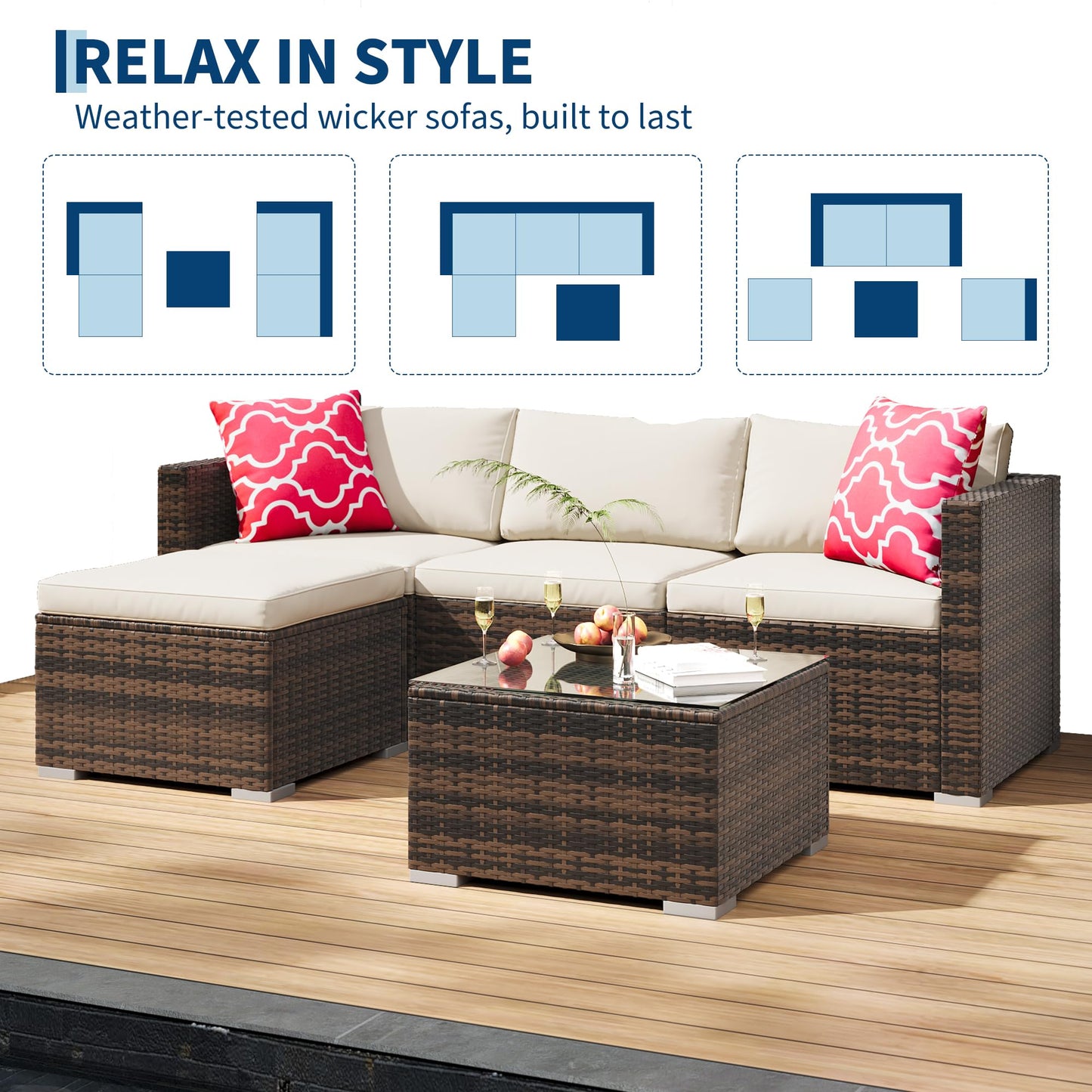 GAOMON 5-Piece All-Weather Patio Furniture Set, Convertible Outdoor Sectional Sofa with Ottoman & Tempered Glass Table, PE Rattan Conversation Set for Garden, Backyard, Porch, Poolside