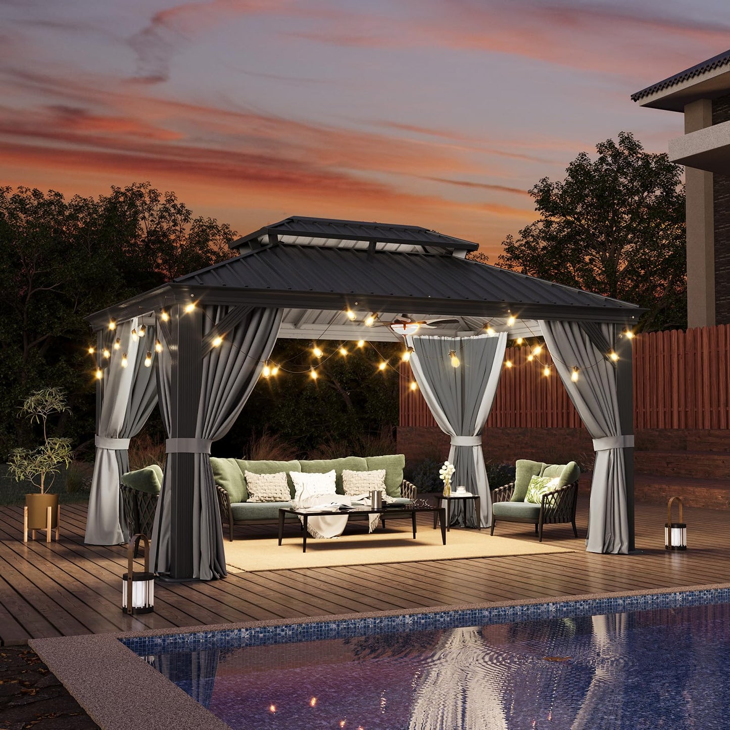 Aoxun 10' X 14' Hardtop Gazebo with Drainage System, Aluminum Outdoor Gazebo with Galvanized Steel Double Roof, Patio Permanent Metal Pavilion with Netting, for Garden, Deck, Pool, Grey