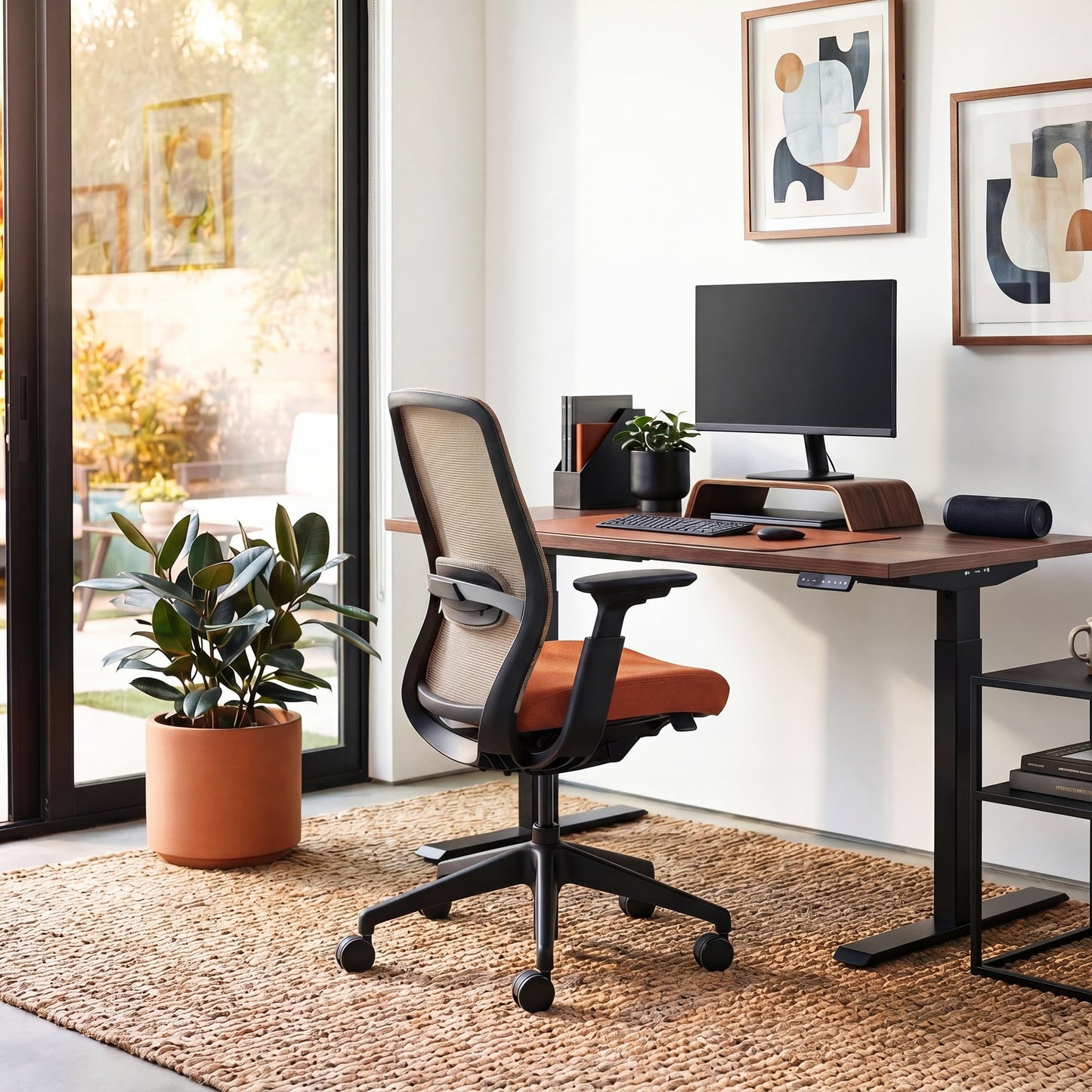 COLAMY Office Chair for Long Hours, Easy Wire-Control Desk Chair with Sliding Seat Depth & Thick Padded Lumbar Support, Heavy Duty 300 LBS High Back Mesh Computer Chair for Home Workstation,Orange