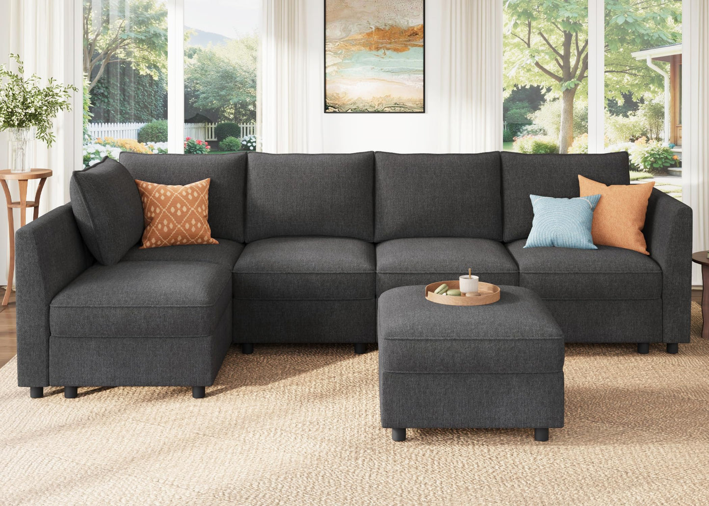 HONBAY Modular Sectional Couch L Shaped Sectional Sofa with Storage, Convertible Couches for Living Room - Snowflake Velvet Grey