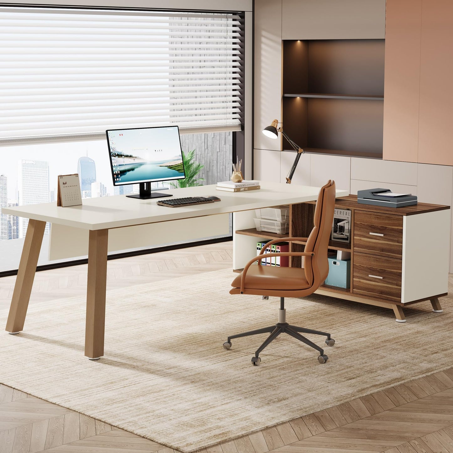 Tribesigns 78.7-Inch Executive Desk, L-Shaped Desk with 55-Inch Cabinet, Large Office Desk with Storage Shelves, Modern Computer Desk for Home Office, White & Walnut