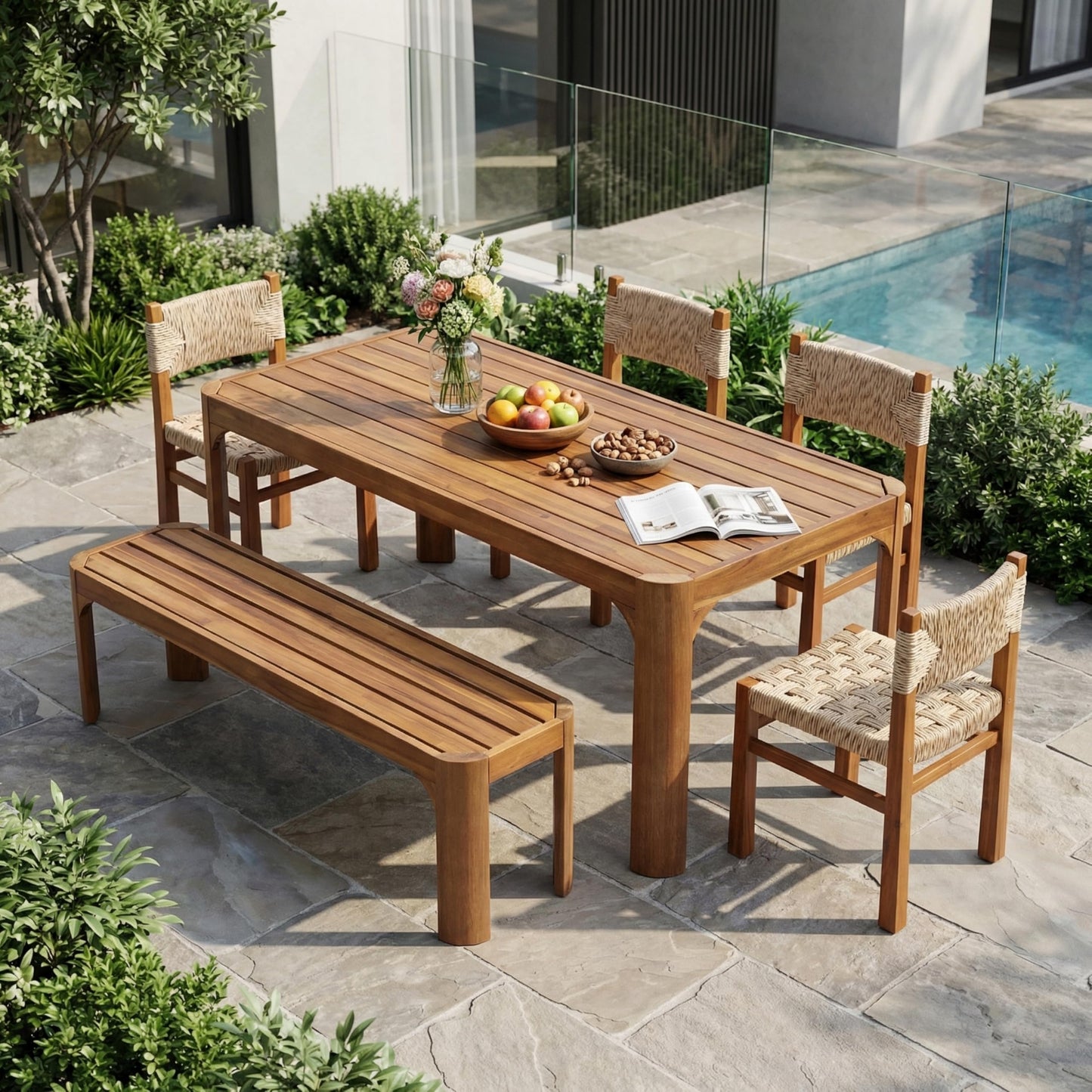 Christopher Knight Home 6 Piece Outdoor Acacia Wood Patio Dining Set, 70 Inch Rectangular Table with 4 Light Grey Wicker Dining Chairs and Bench, Teak Finish Patio Table and Chairs Set for Garden Deck