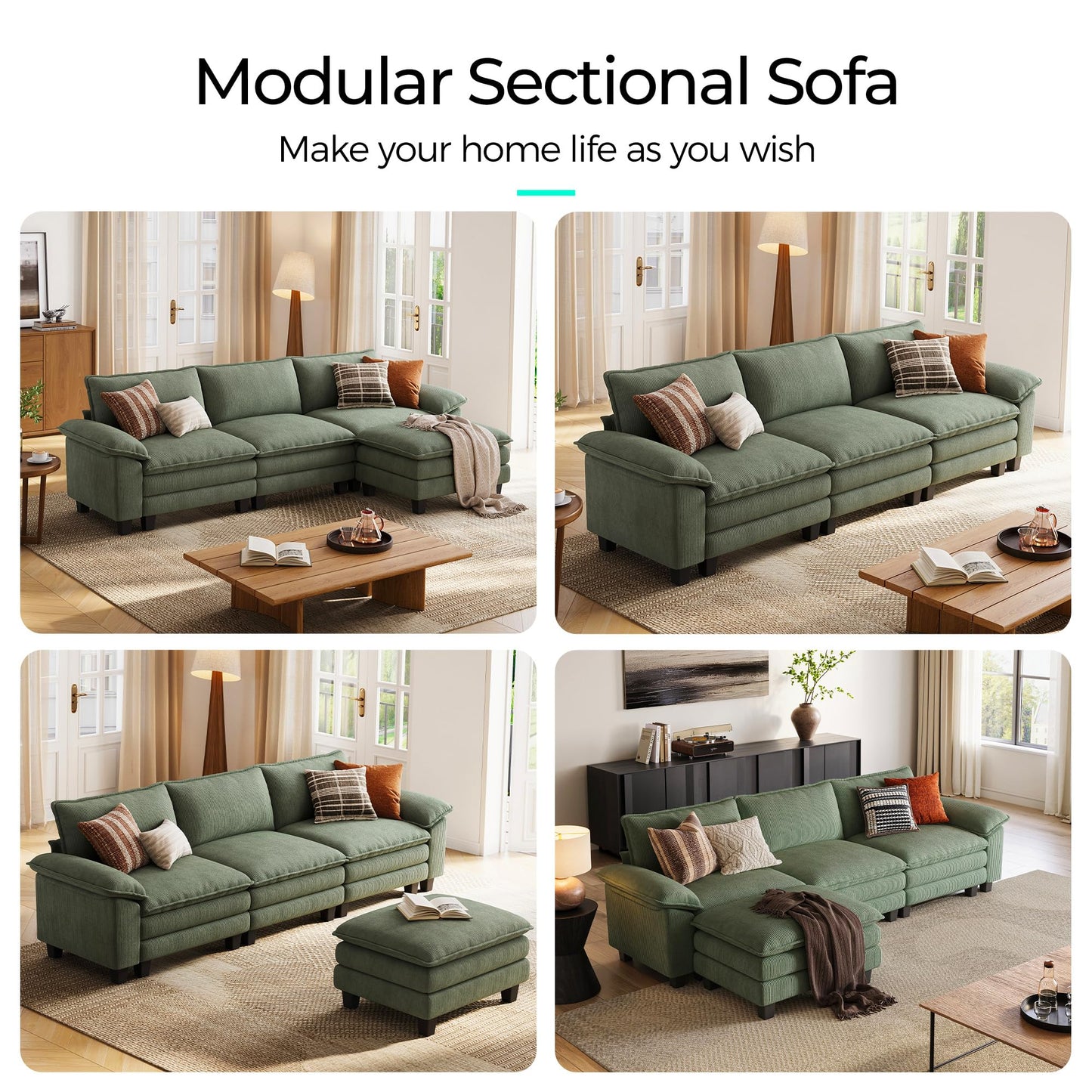 LINSY HOME 123'' Modular Sectional Sofa Green Couch Corduroy Cloud Couches for Living Room, L Shaped Couch with Movable Ottoman, Modern Cloud Sectional Sofas for Bedroom and Apartment, Green