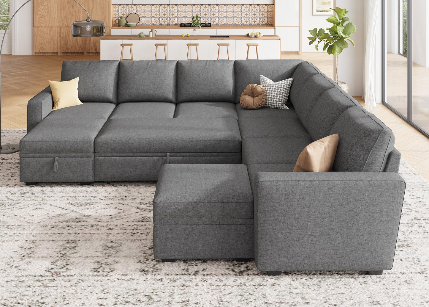 HONBAY Modular Sectional Sleeper Sofa with Pull Out Couch, Oversized U Shaped Sleeper Pull Out Bed with Storage Sectional Couches for Living Room - Dark Grey