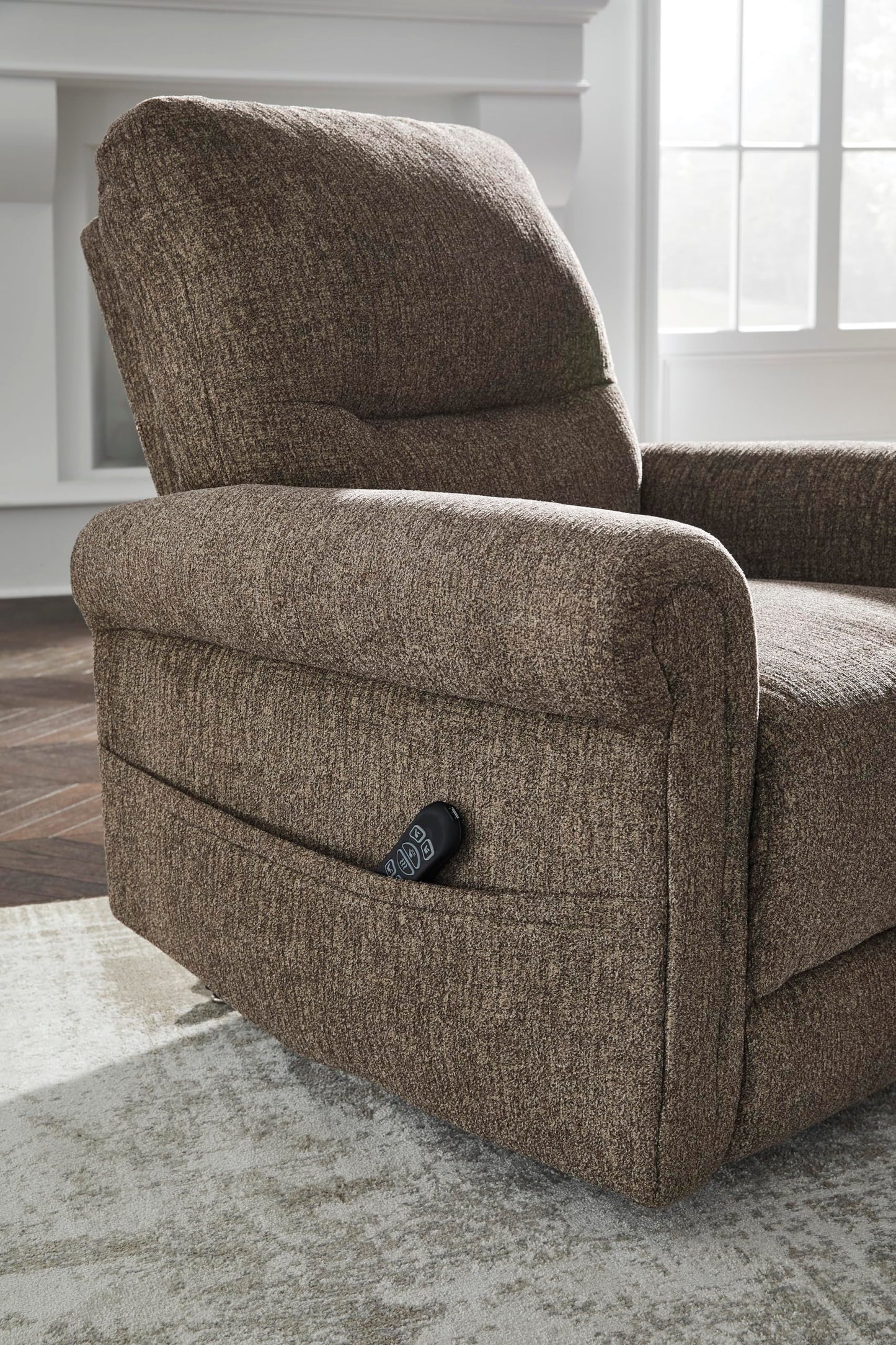 Signature Design by Ashley Aureta Classic Stain Resistant Power Lift Recliner with Side Pocket, Heat and Massage, Dark Brown