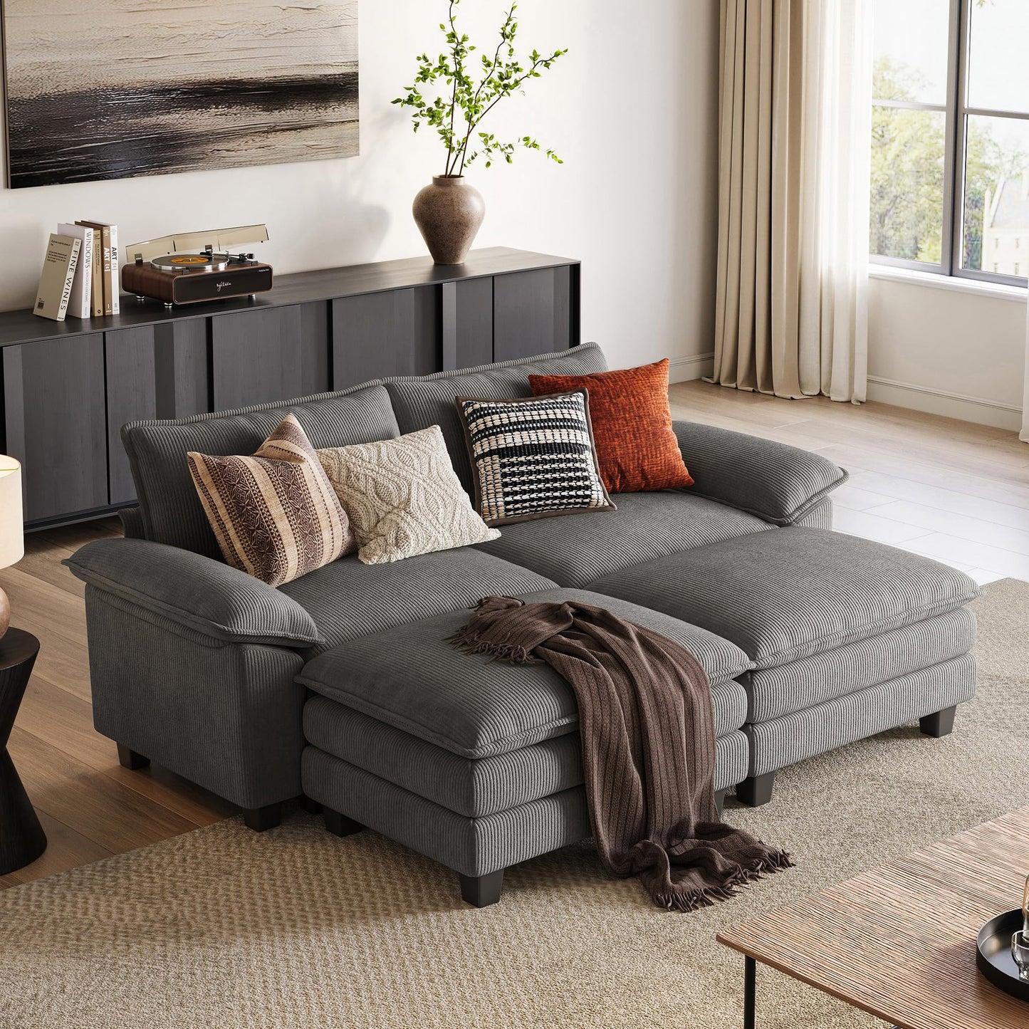 LINSY HOME Modular Sectional Sofa - 90 Inch Oversized Corduroy Cloud Couch with Movable Ottoman Soft Modern Comfy Sofa Set for Living Room Apartment Office, Grey