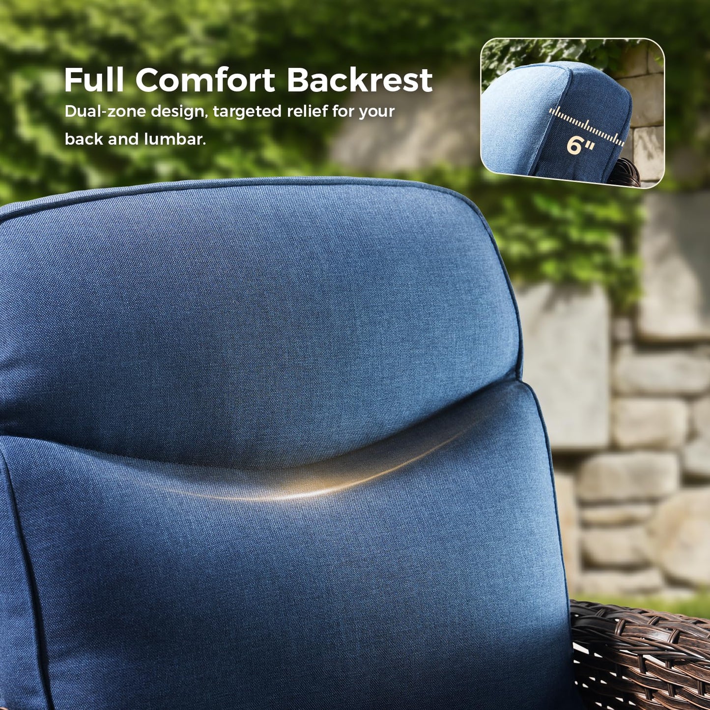 Luxury Outdoor Swivel Rocker Patio Chairs with 6-Inch Thick Cushions, High Back Swivel Glider Patio Chairs, 3PCS Wicker Outdoor Furniture Set for Porch, Patio, Yard, Deck, Poolside, Brown/Blue