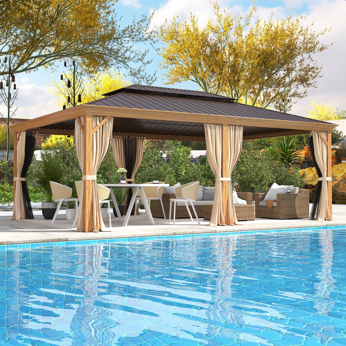 EROMMY 14'x20' Gazebo, Galvanized Steel Double Roof with Wood Grain Aluminum Frame, Outdoor Permanent Metal Pavilion with Curtains and Nettings for Patio, Backyard and Deck