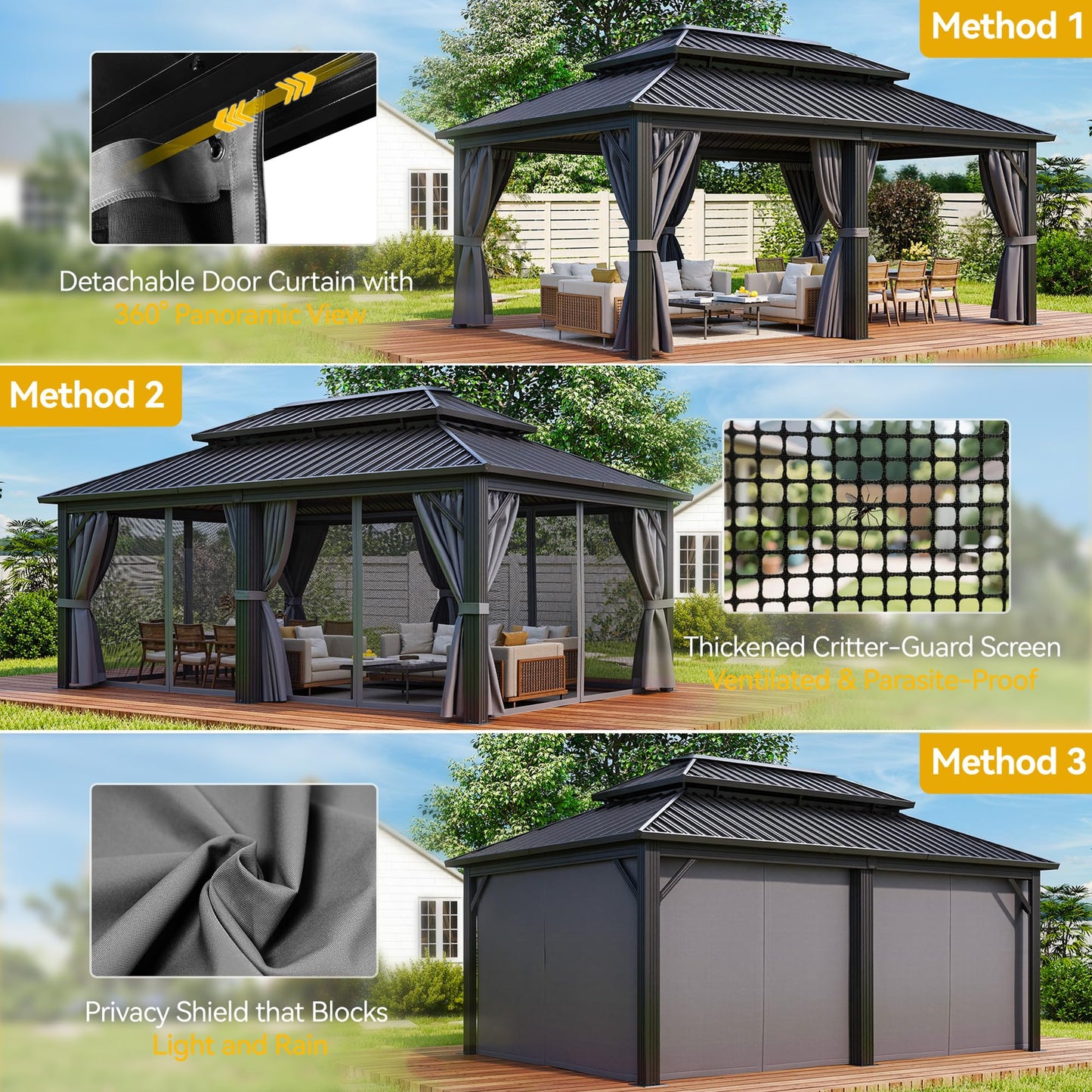 DWVO 12x18ft Hardtop Gazebo Double Roof with Nettings and Curtains, Heavy Duty Galvanized Steel Outdoor Vertical Stripes Roof for Patio, Backyard, Deck, Lawns, Gray