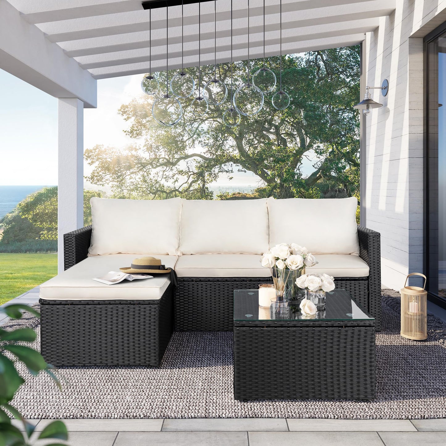 SUNLEI Patio Furniture Set with Detachable Soft Cushions, Outdoor PE Rattan Patio Conversation Sofa Set, 3-Piece Patio Sectional Sofa with Glass Coffee Table, Black Rattan/White