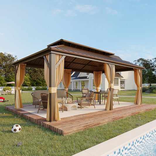 YOLENY 12' X 20' Hardtop Gazebo, Galvanized Steel Ventilation Double Roof Aluminum Frame, Curtains and Netting Included, Outdoor Gazebo for Garden, Patio, Lawns, Parties