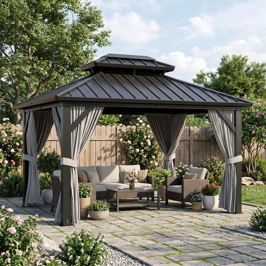 10 X12 ft Hardtop Gazebo, Galvanized Steel Double Roof with Curtains and Netting, Aluminum Frame Patio Gazebo for Patio, Garden and Lawn