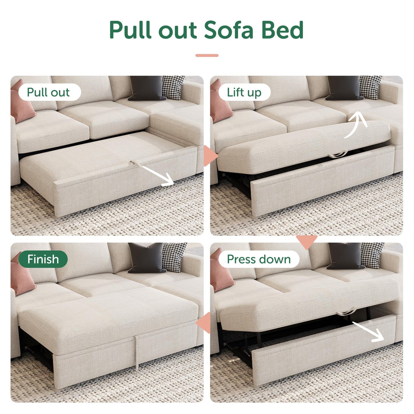 HONBAY Modular Sectional Sleeper Sofa with Pull Out Bed, L Shaped Couch with Storage Seat, Modular Sectional Couches for Living Room - Beige