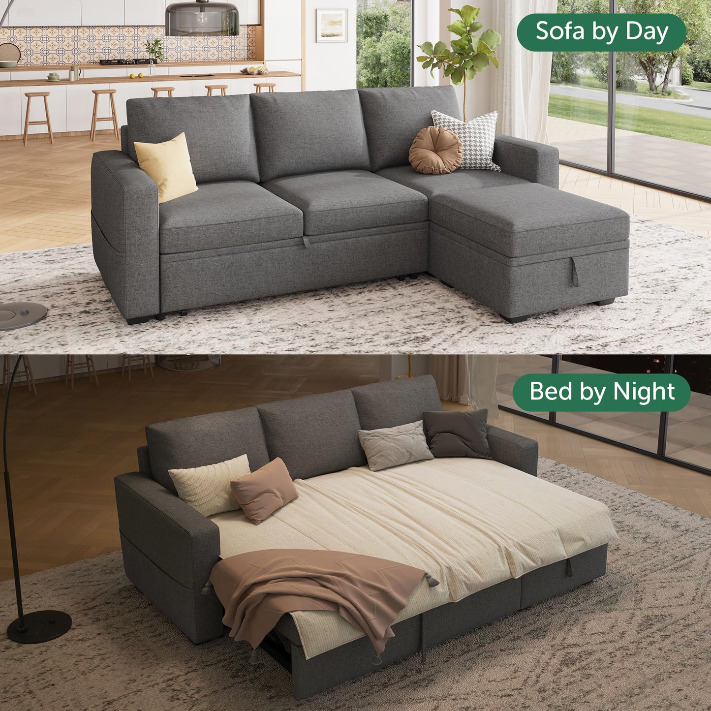 HONBAY Modular Sectional Sleeper Sofa with Pull Out Bed, L Shaped Couch with Storage Seat, Modular Sectional Couches for Living Room - Dark Grey