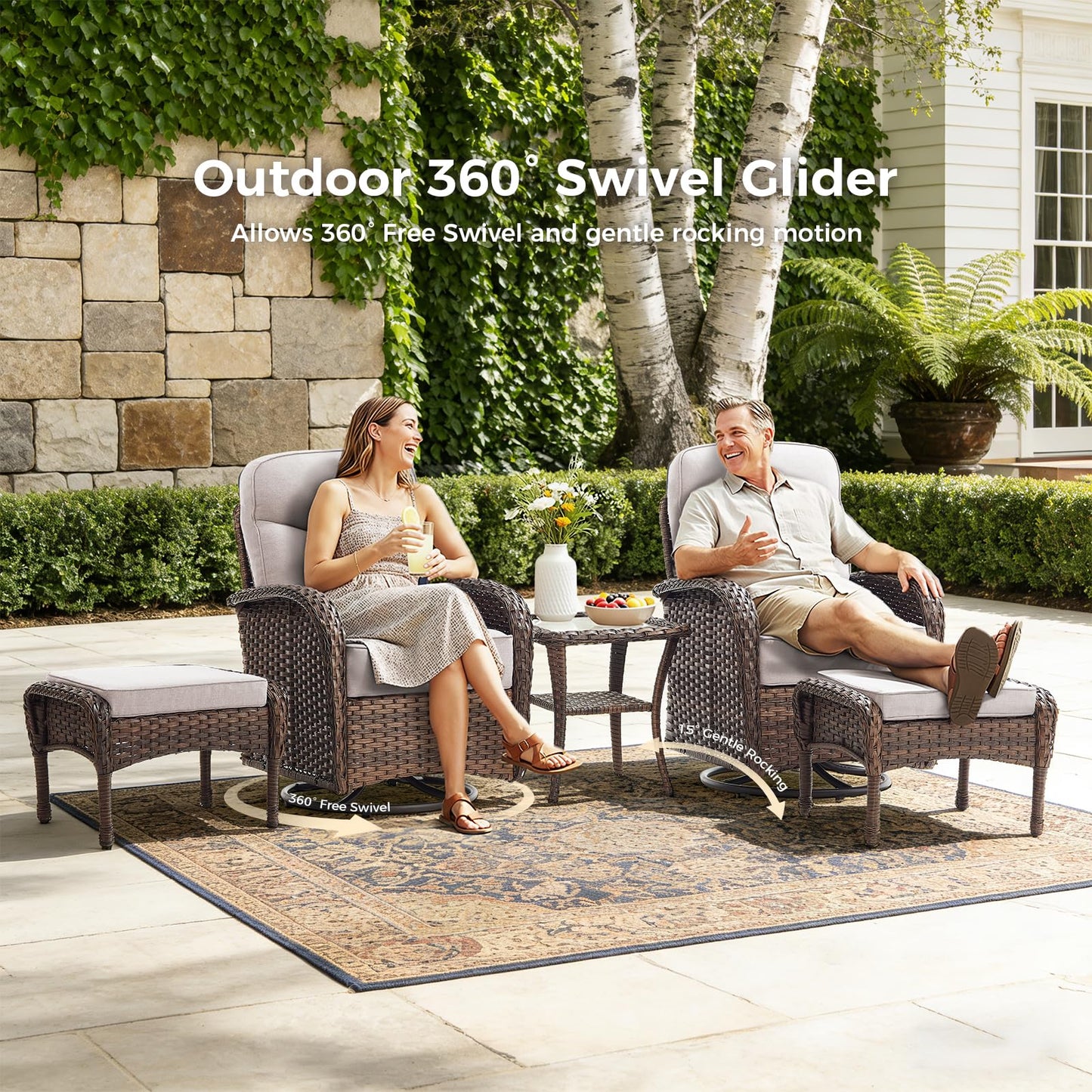 Luxury Patio Furniture Set with 6-inch Thick Cushions, Outdoor Furniture Set with High Back Swivel Chairs, 6 PCS Wicker Outdoor Conversation Set for Porch, Patio, Yard, Deck, Poolside, Brown/Beige