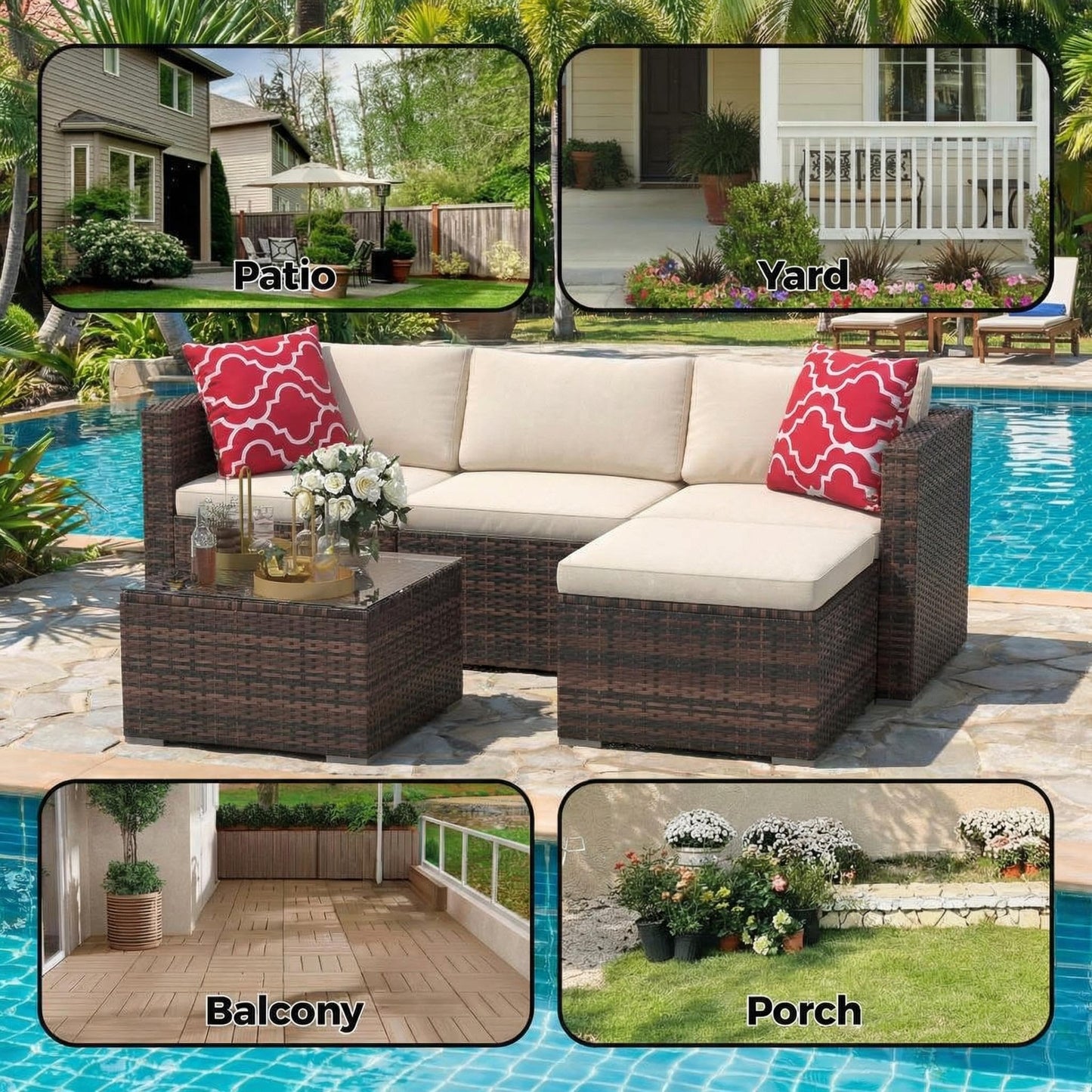 5-Piece Patio Sectional Sofa Set, All-Weather Brown PE Rattan Outdoor Conversation Furniture with Neutral-Tone Cushions, Glass Coffee Table & Footstool, Modular Design for Garden, Porch, Balcony, Pool