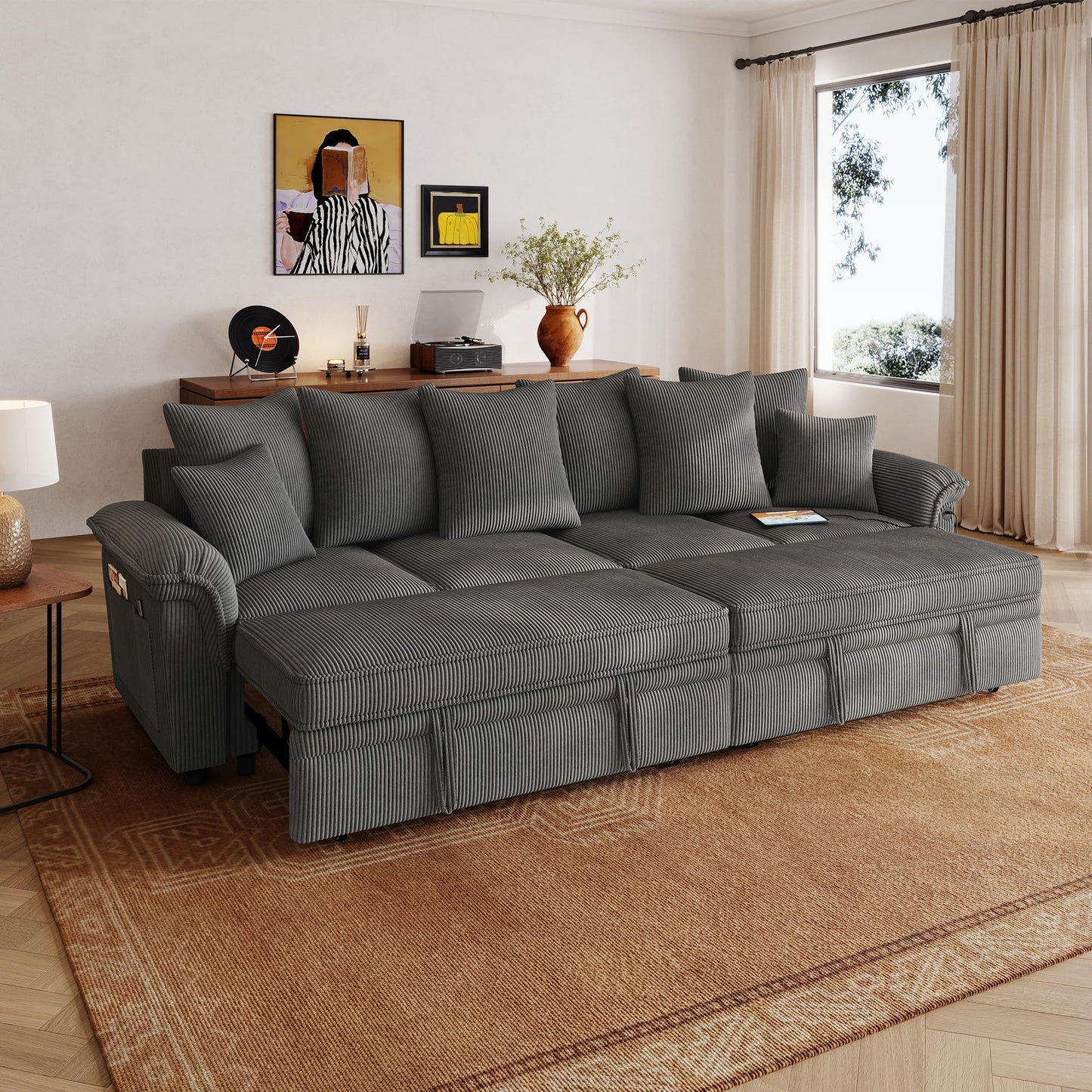 LINSY HOME Oversized Sectional Sleeper Sofa with Pull Out Couch Bed (Gray, 110.5'')