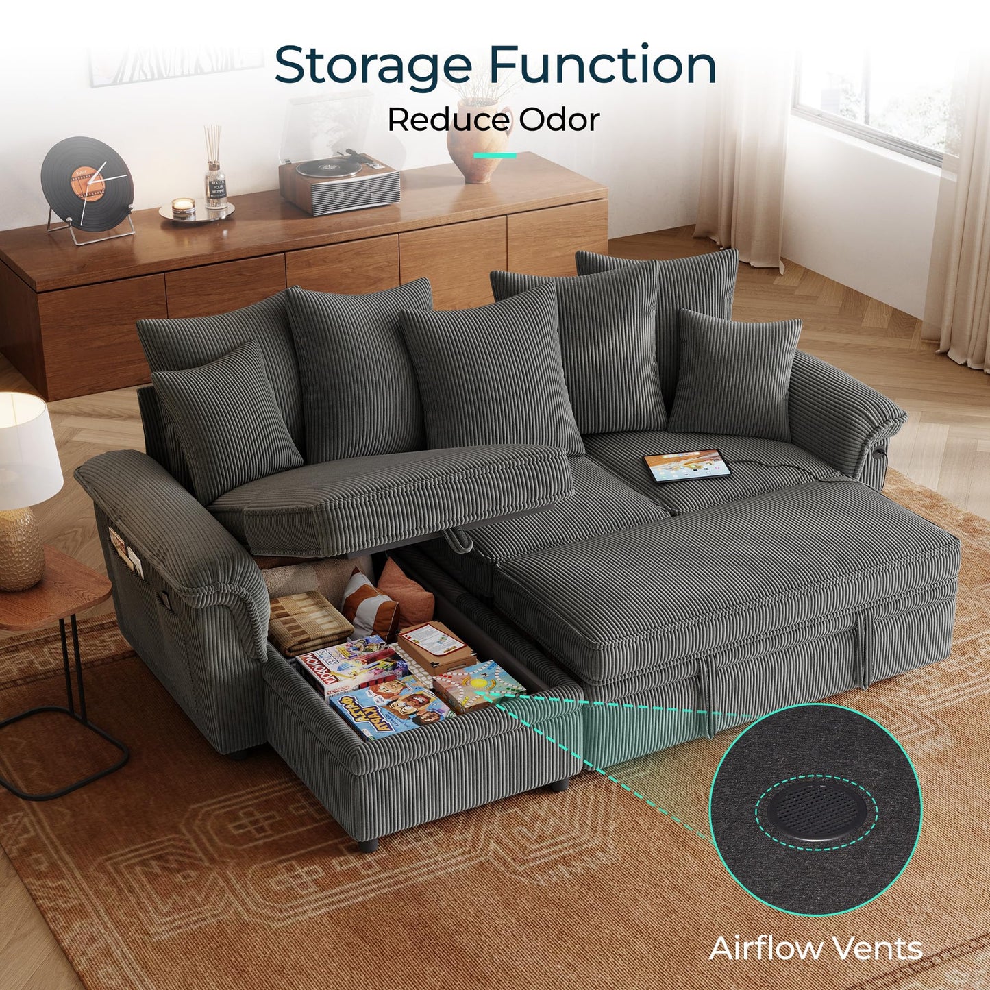 LINSY HOME 90.5'' Sectional Sleeper Sofa with Pull Out Couch Bed Modular (Gray, 90.5'')