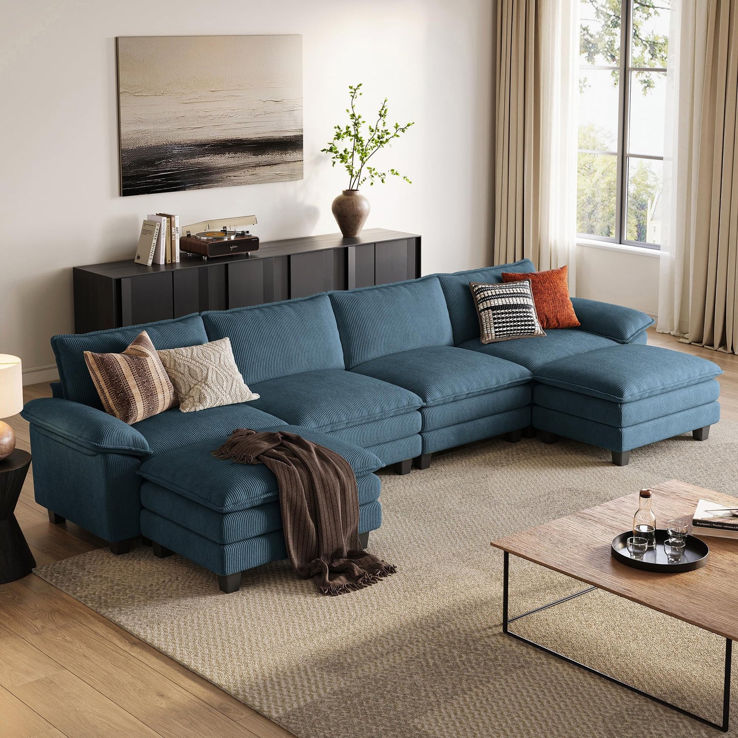 LINSY HOME 157'' Modular Sectional Sofa Blue Couch Corduroy Cloud Couches for Living Room, U Shaped Couch with Movable Ottoman, Modern Cloud Sectional Sofas for Bedroom and Apartment, Blue